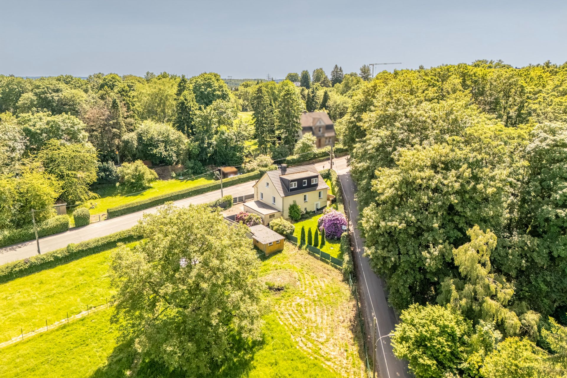 Luftaufnahme eines Einfamilienhauses mit Garten, umgeben von viel Grün und Bäumen.