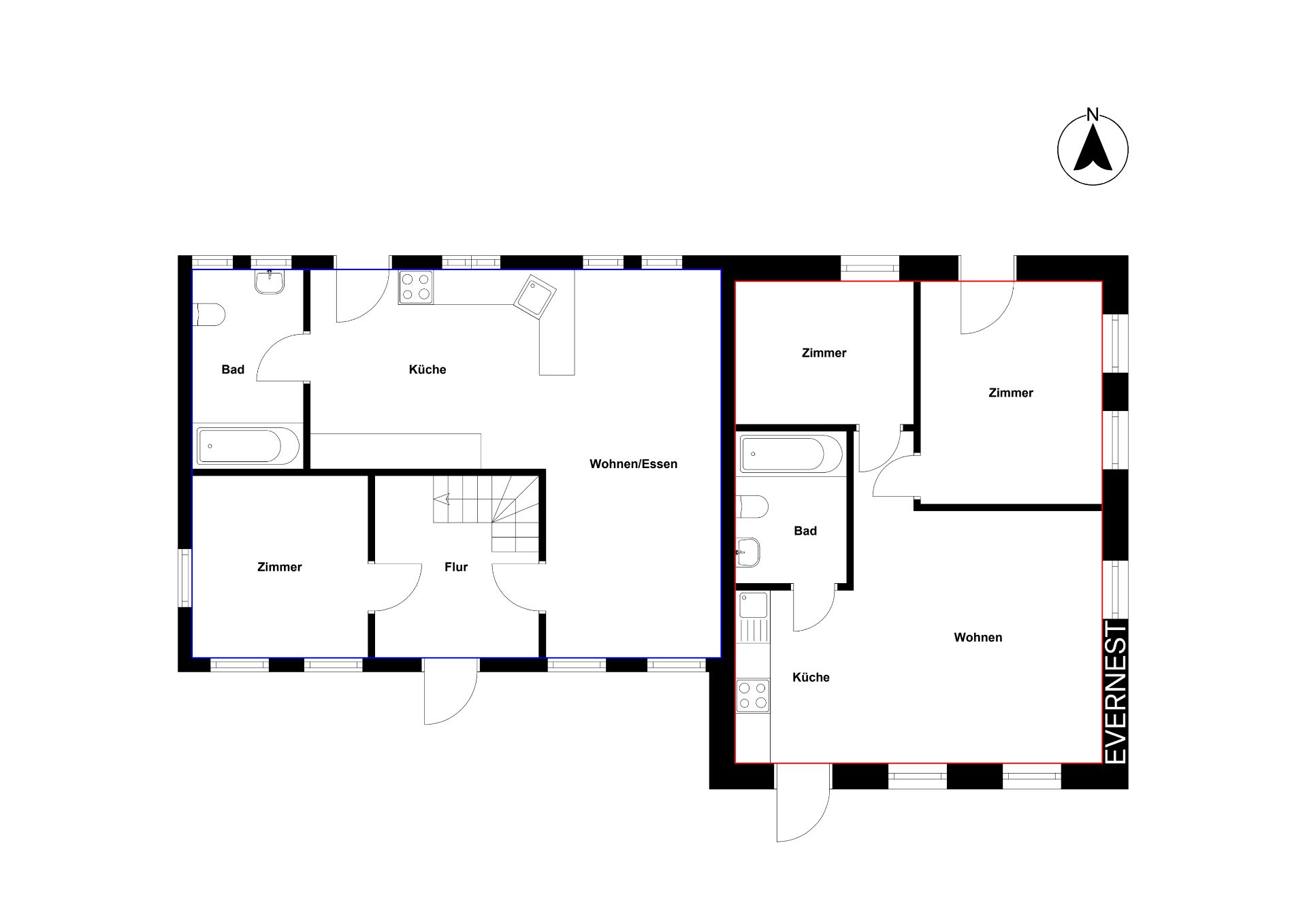 Grundriss mit Zimmern, Küchen, Bädern und Flur auf zwei Ebenen dargestellt.