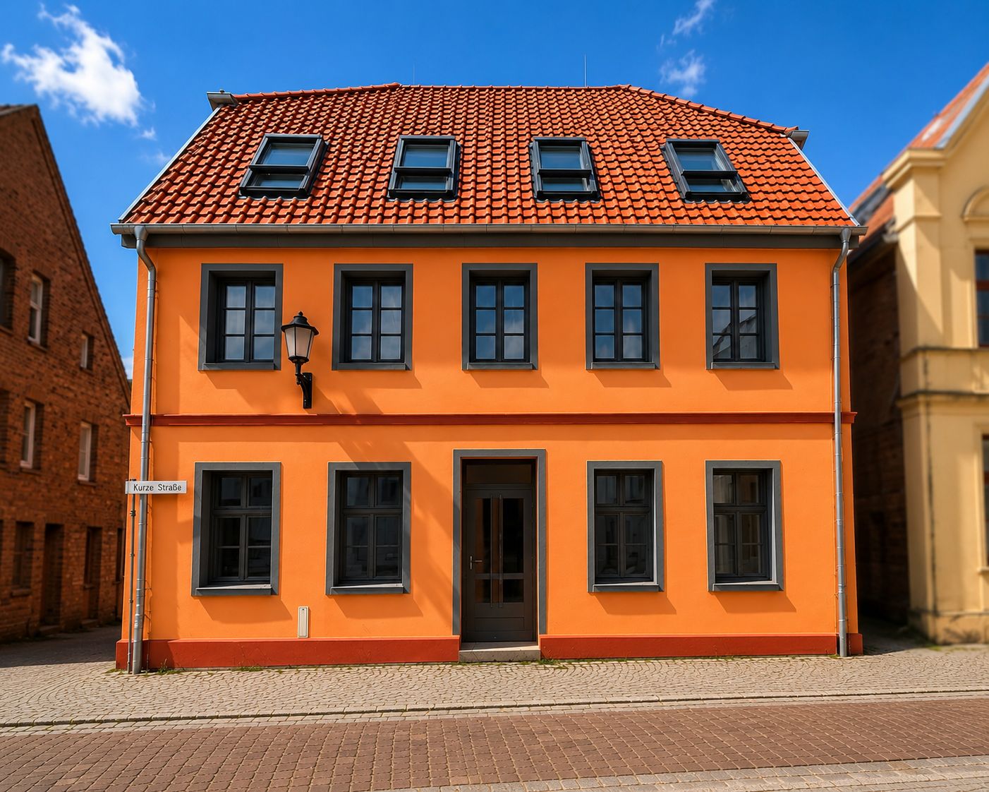 Zweistöckiges orangefarbenes Wohnhaus mit rotem Dach und mehreren Fenstern zur Straße.