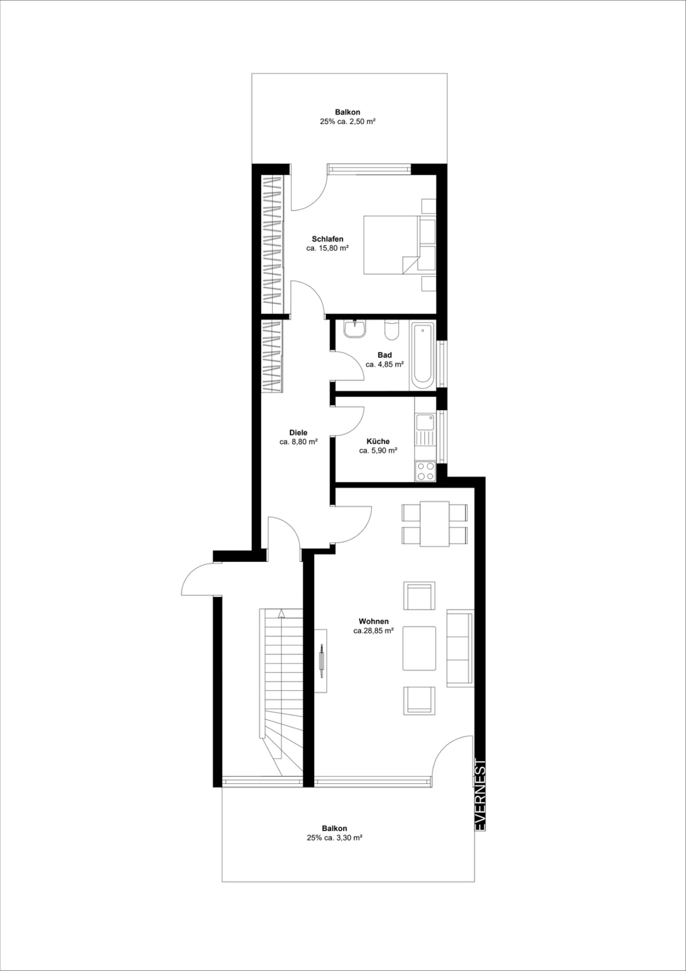 Grundriss einer Wohnung mit Schlafzimmer, Bad, Küche, Wohnzimmer, Diele und zwei Balkonen.