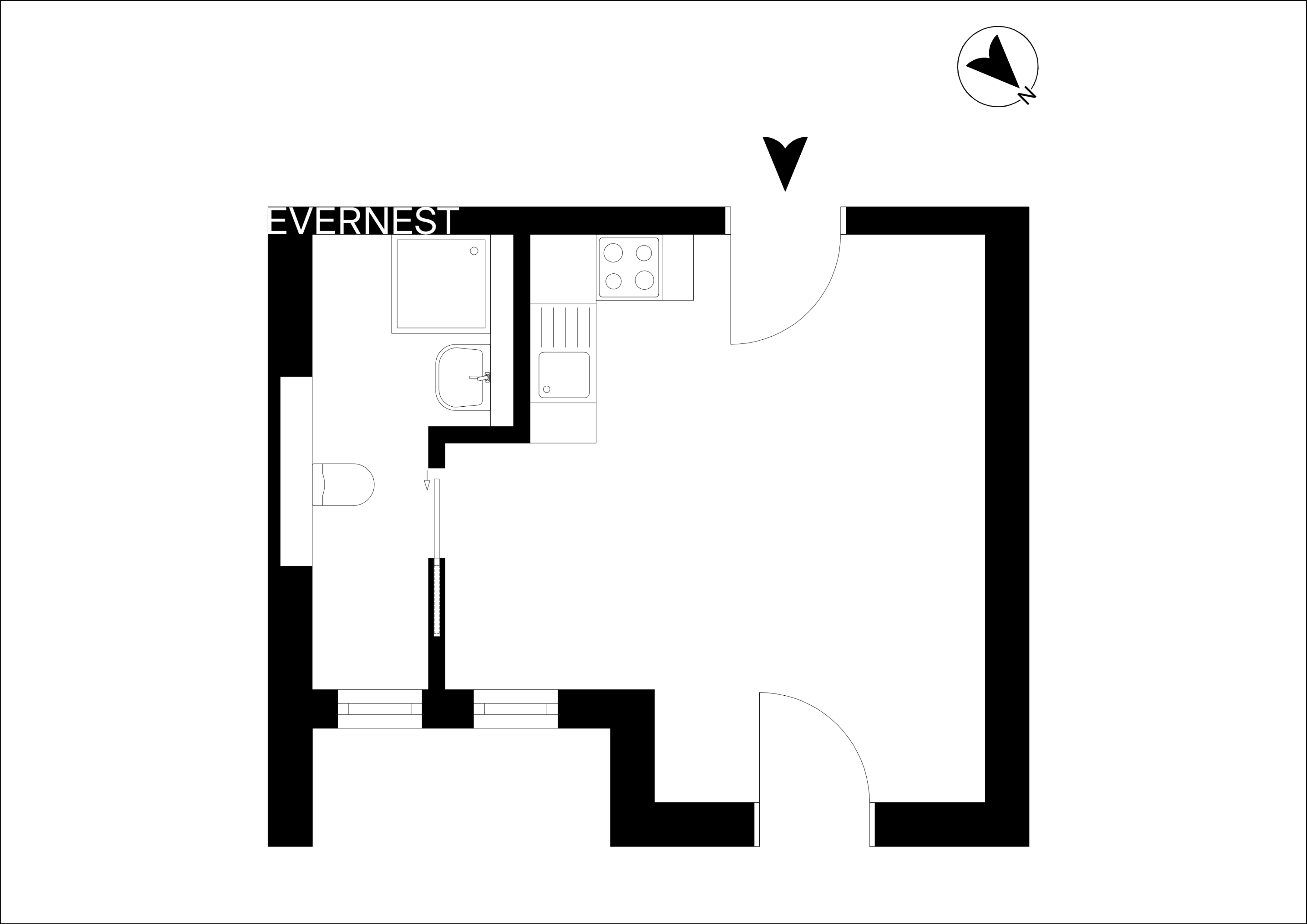 Grundriss einer Wohnung mit Bad, Küche und einem großen Raum.