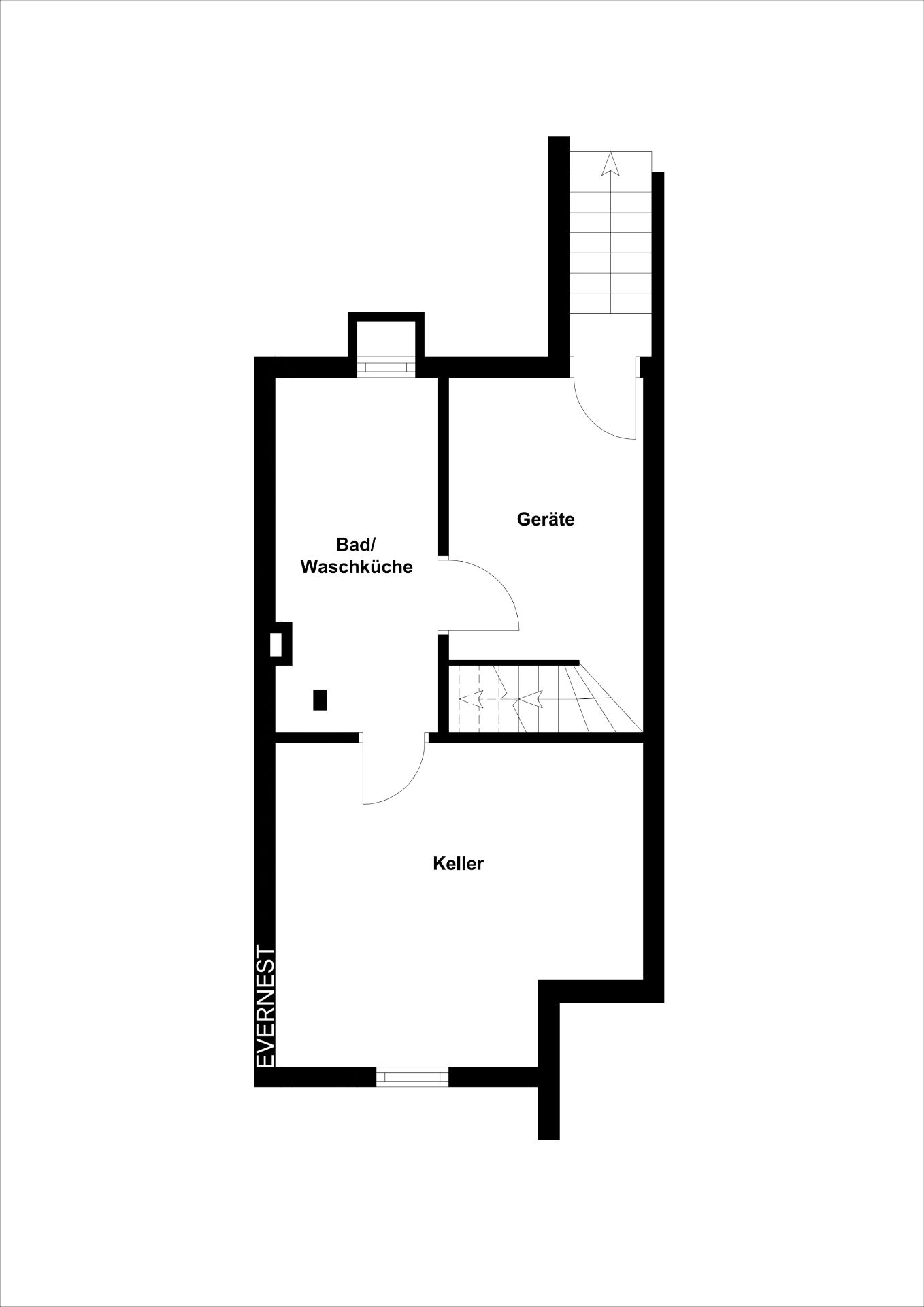 Grundriss eines Kellers mit Bad/Waschküche, Geräteraum und Treppenaufgang.