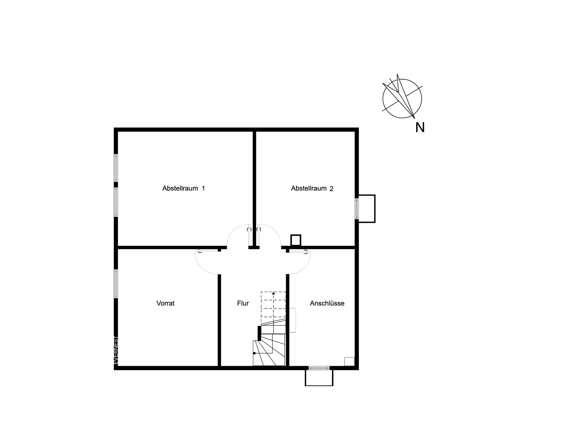 Grundriss mit Abstellraum 1, Abstellraum 2, Vorrat, Flur, Anschlüsse und Treppe.