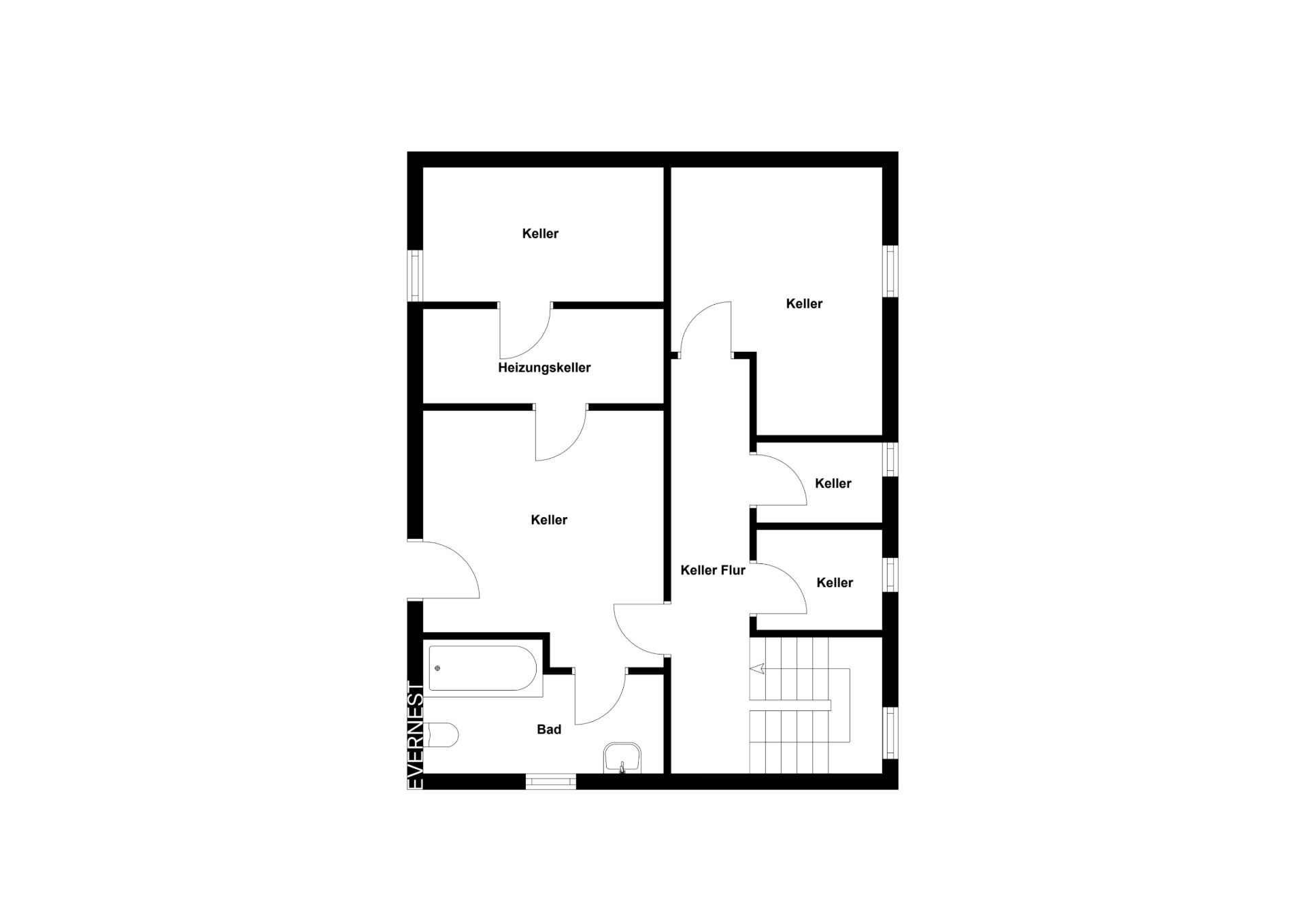 Grundriss eines Kellers mit mehreren Räumen, Bad, Heizungsraum und Flur.