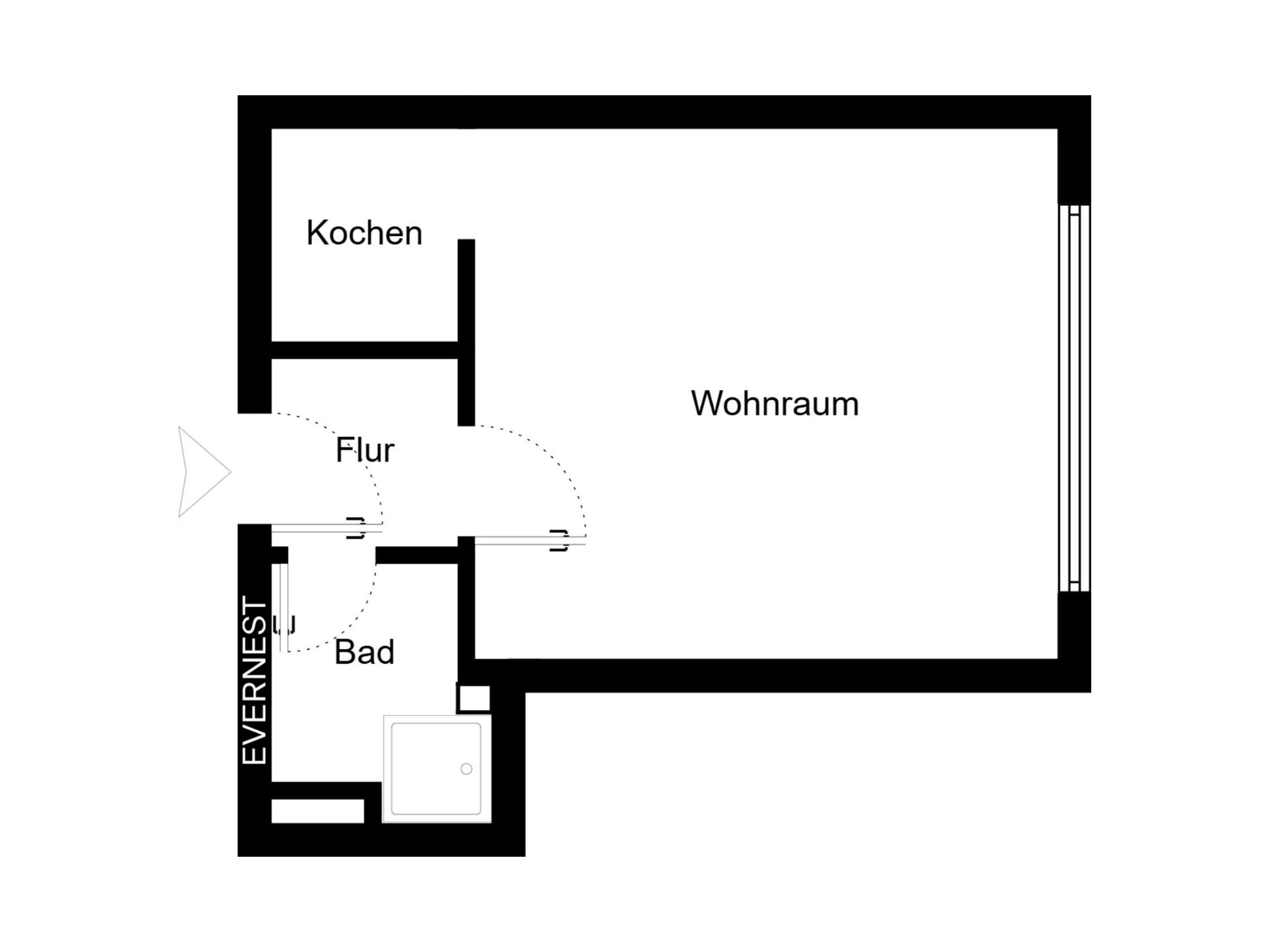 Grundriss einer Wohnung mit Wohnraum, Küche, Bad und Flur.