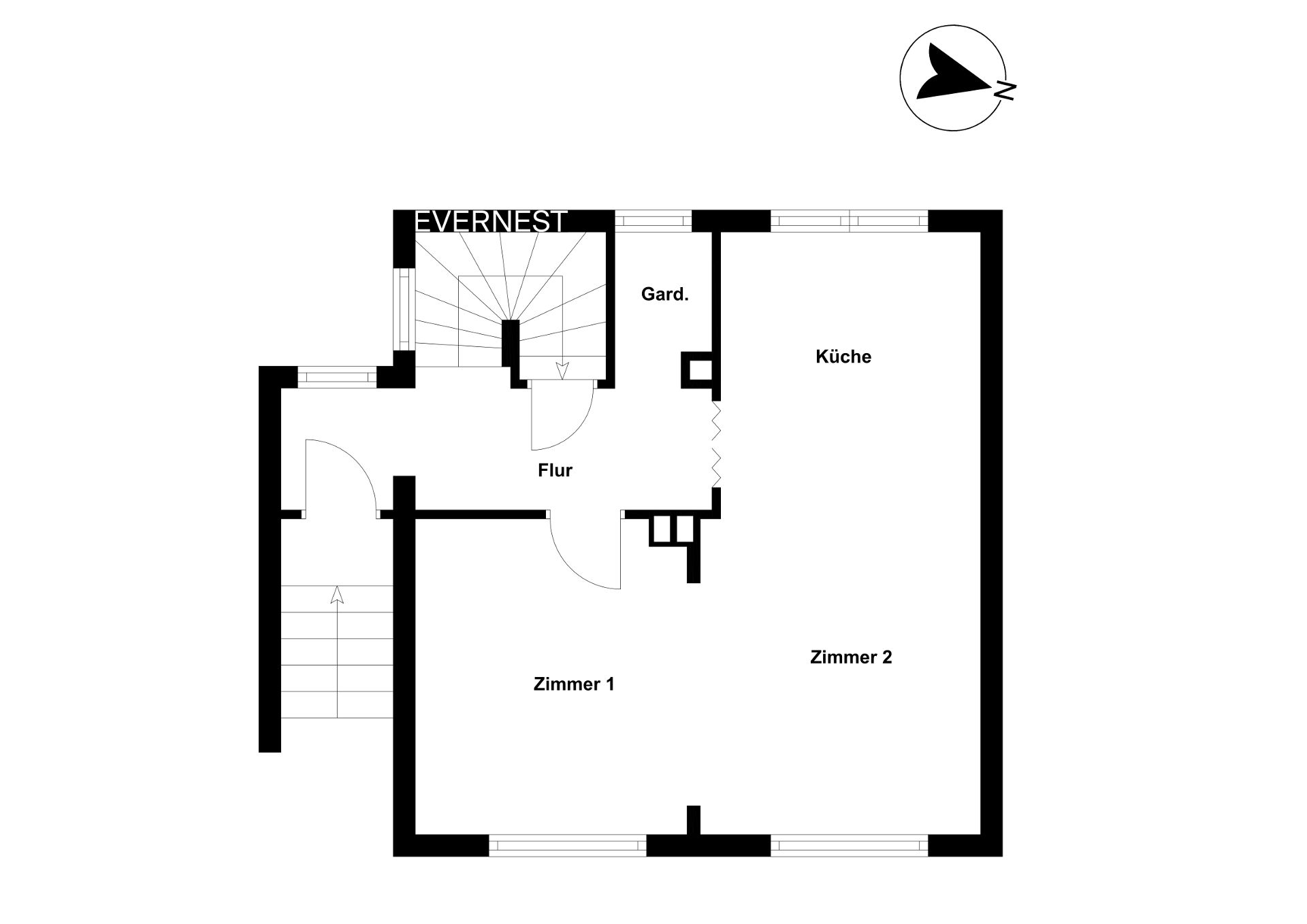 Grundriss mit Flur, Garderobe, Küche, Zimmer 1 und Zimmer 2.
