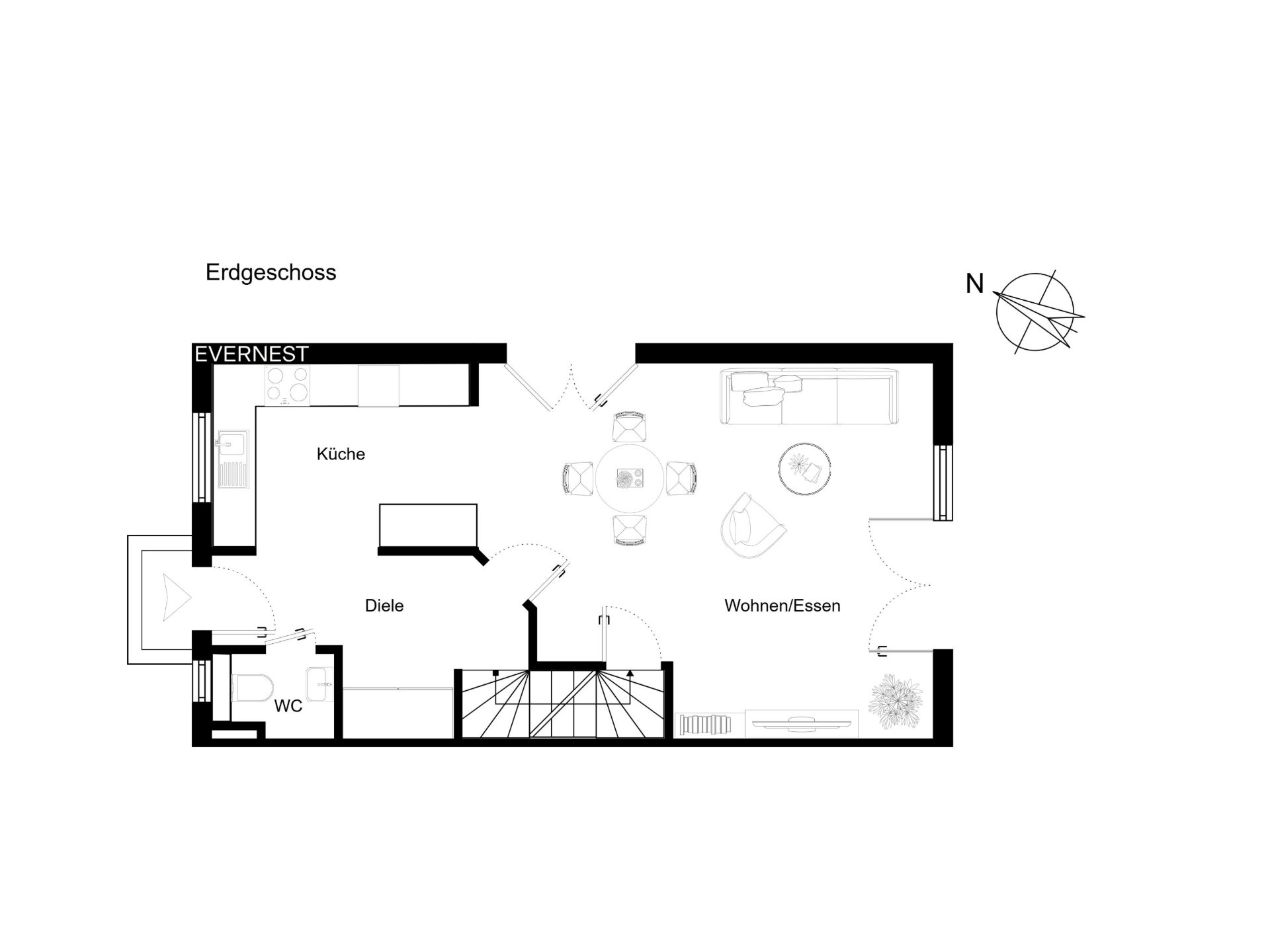 Grundriss des Erdgeschosses mit Küche, WC, Diele und Wohn-Essbereich.
