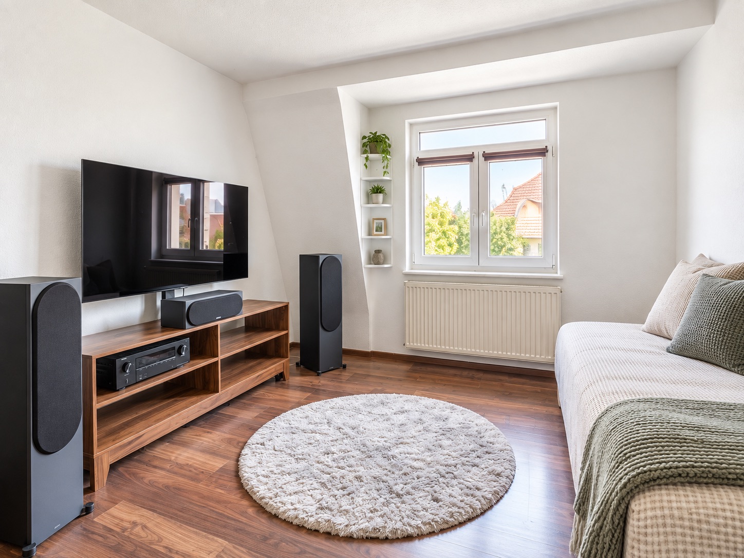 Helles Wohnzimmer mit Sofa, Fernseher, Lautsprechern und rundem Teppich auf Holzboden.