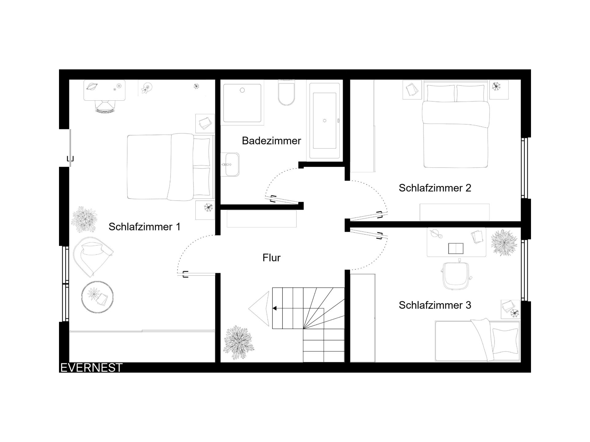 Grundriss mit drei Schlafzimmern, einem Badezimmer und einem Flur mit Treppe.