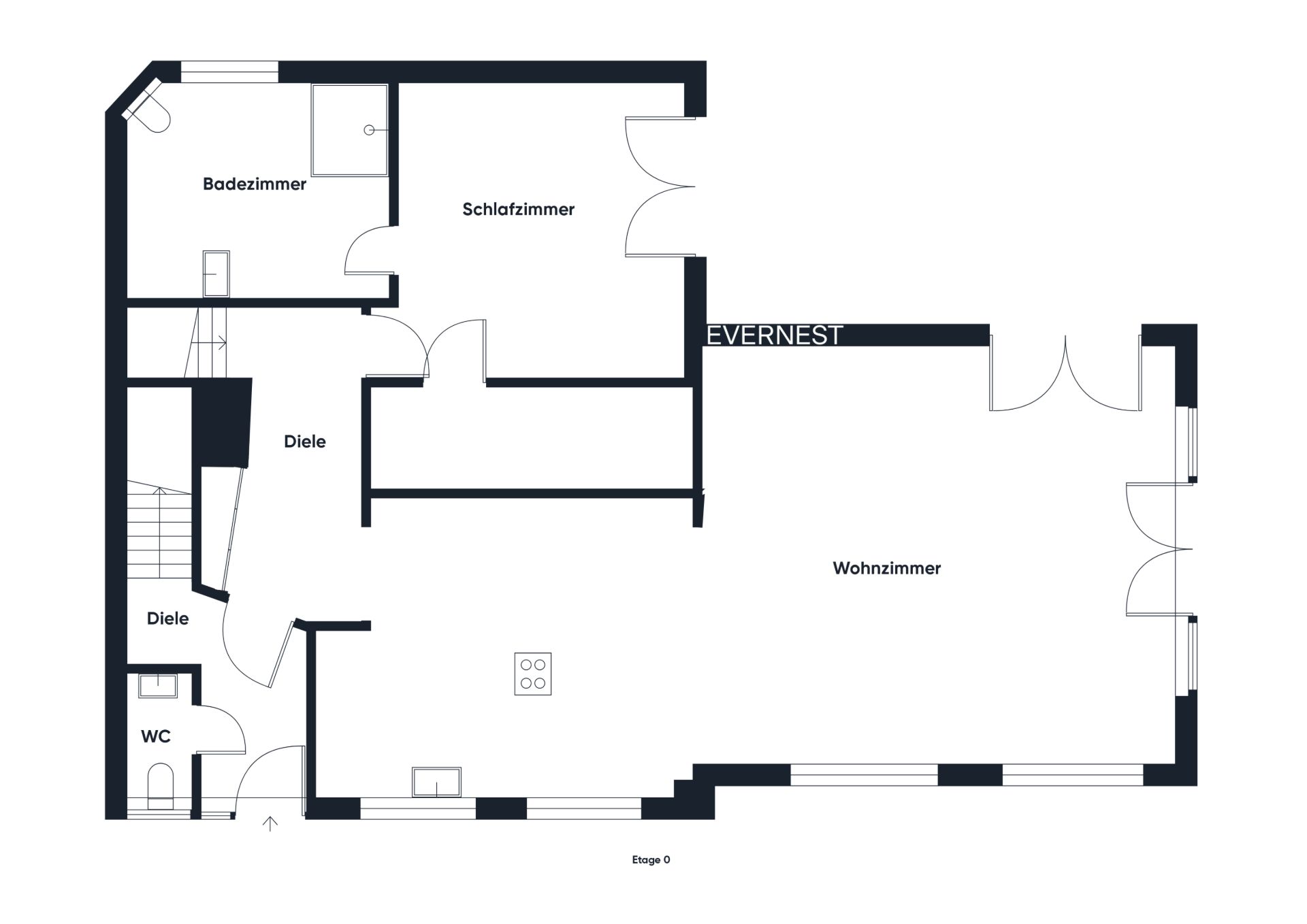 Grundriss einer Wohnung mit Wohnzimmer, Schlafzimmer, Badezimmer, WC und Diele.