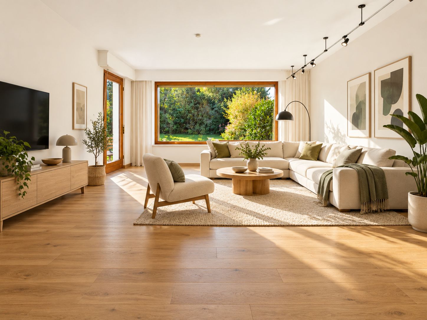 Helles Wohnzimmer mit großem Fenster, beiger Couch, Sessel, Holztisch und Pflanzen.
