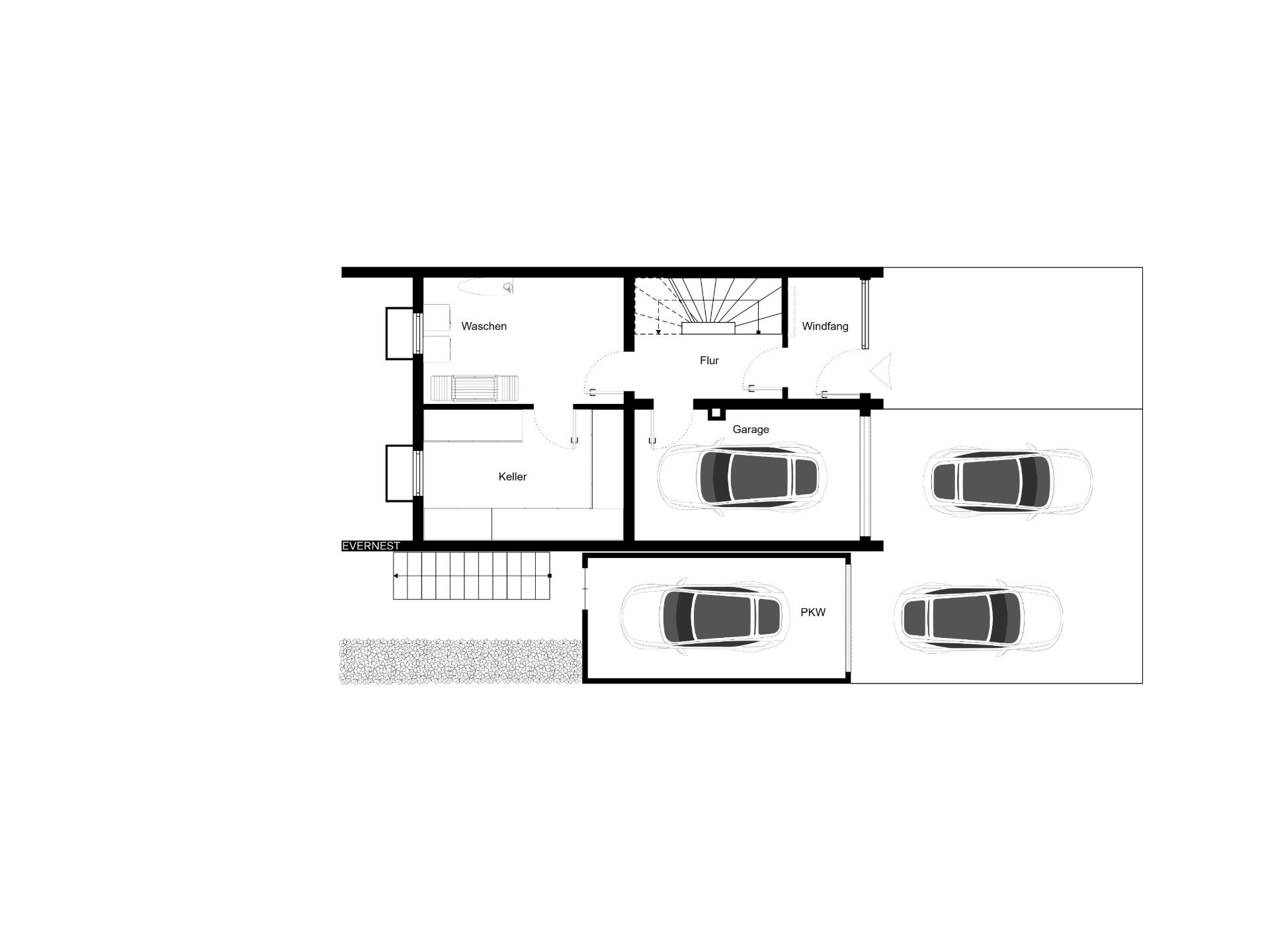 Grundriss mit Garage, Keller, Waschküche, Flur und Platz für vier Autos.