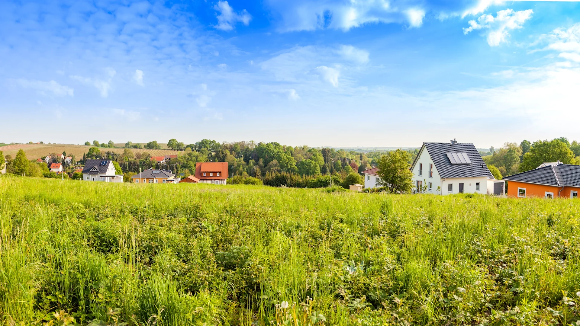 Wiese mit mehreren Einfamilienhäusern im Hintergrund unter blauem Himmel.