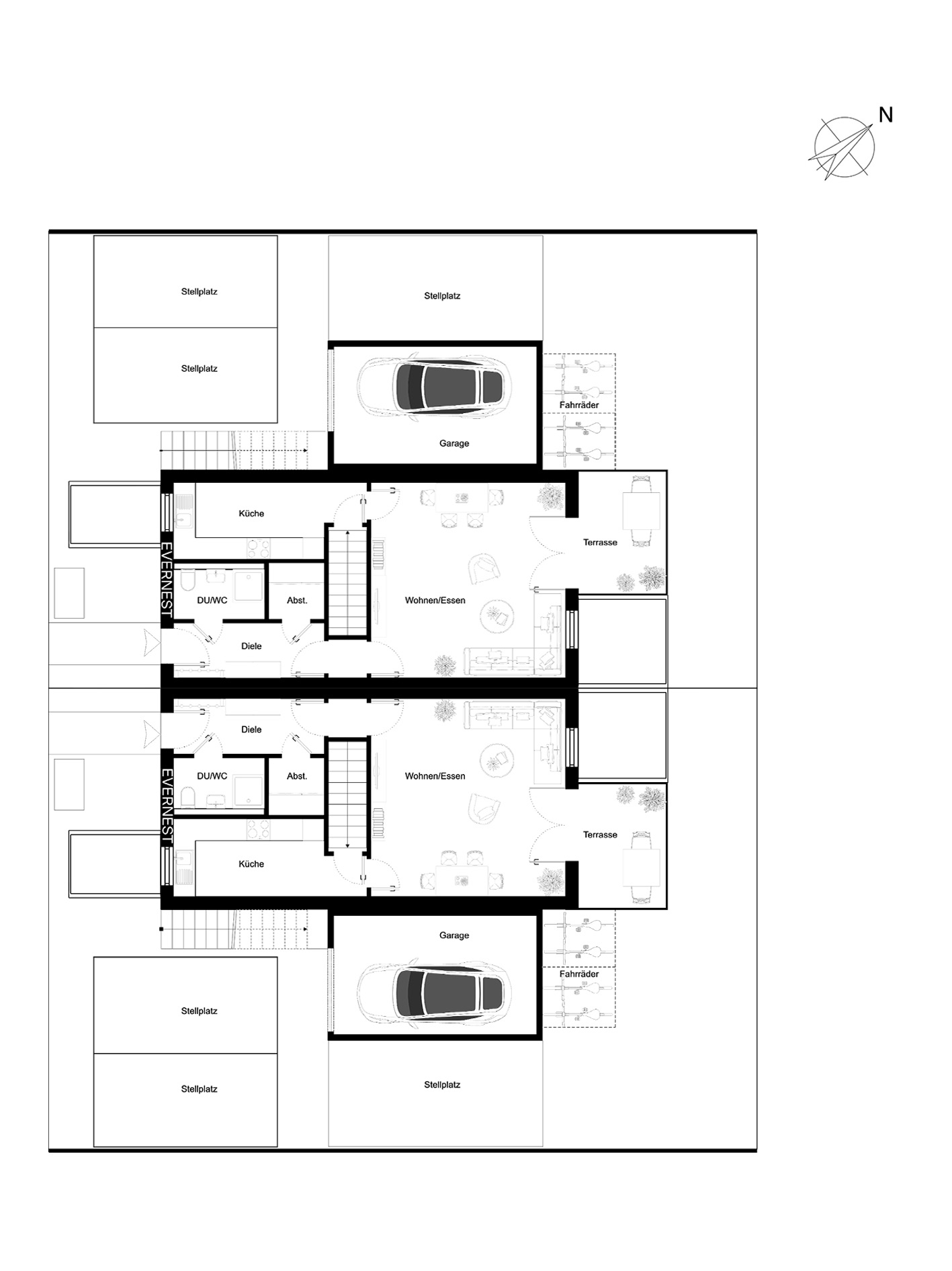 Grundriss eines Wohnhauses mit Garage, Stellplätzen, Küche, Wohn-Essbereich und Terrasse.