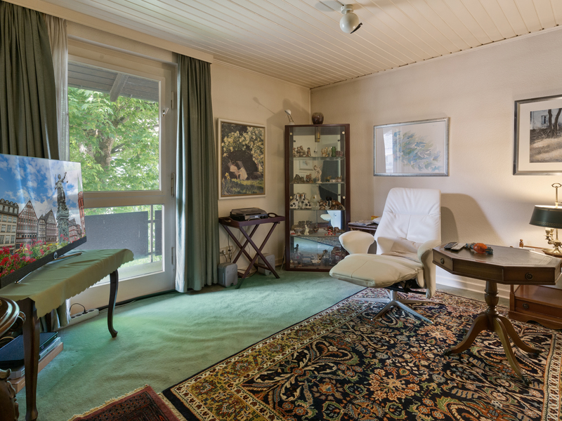 Wohnzimmer mit Teppich, Sessel, Glastür, Regal, Fernseher und großer Fensterfront.