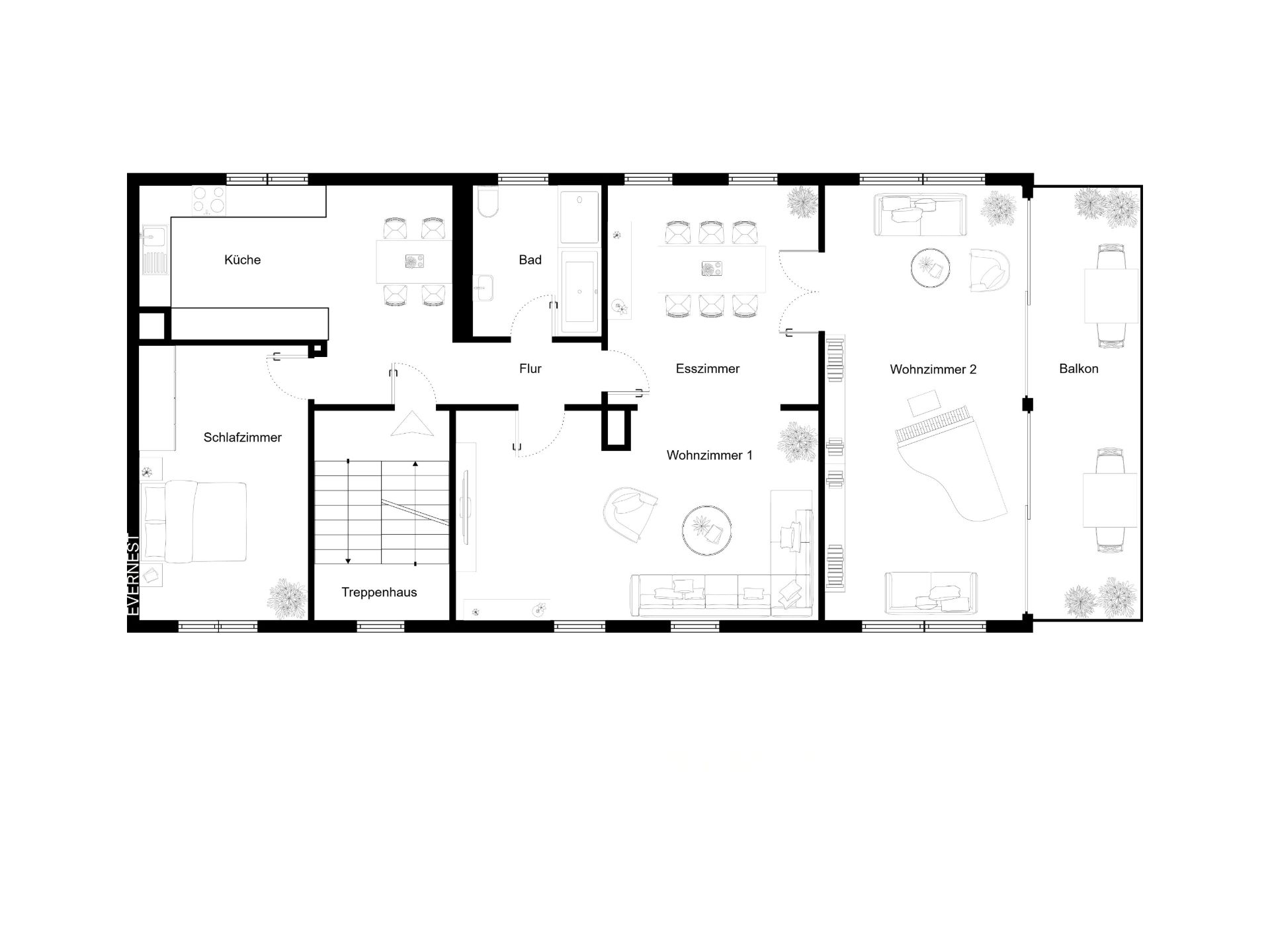Grundriss einer Wohnung mit Schlafzimmer, Küche, Bad, zwei Wohnzimmern, Esszimmer und Balkon.