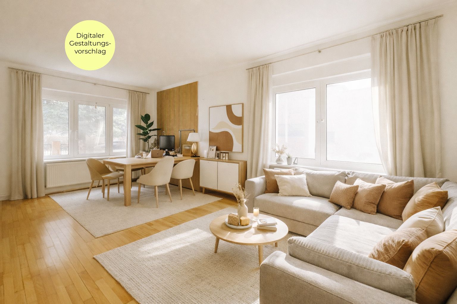Helles Wohnzimmer mit Ecksofa, Couchtisch, Esstisch und großen Fenstern mit Vorhängen.