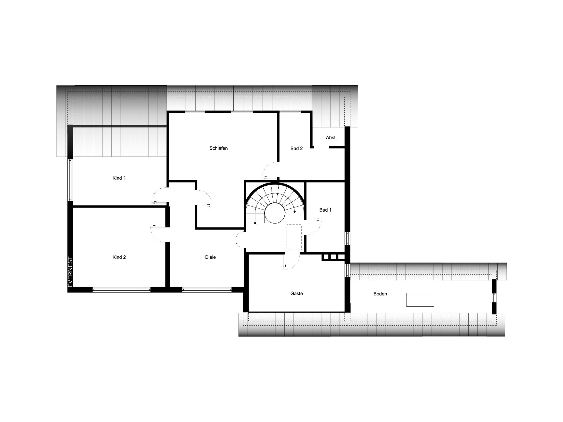 Grundriss eines Wohnhauses mit Schlafzimmer, zwei Kinderzimmern, zwei Bädern, Gästezimmer und Abstellraum.