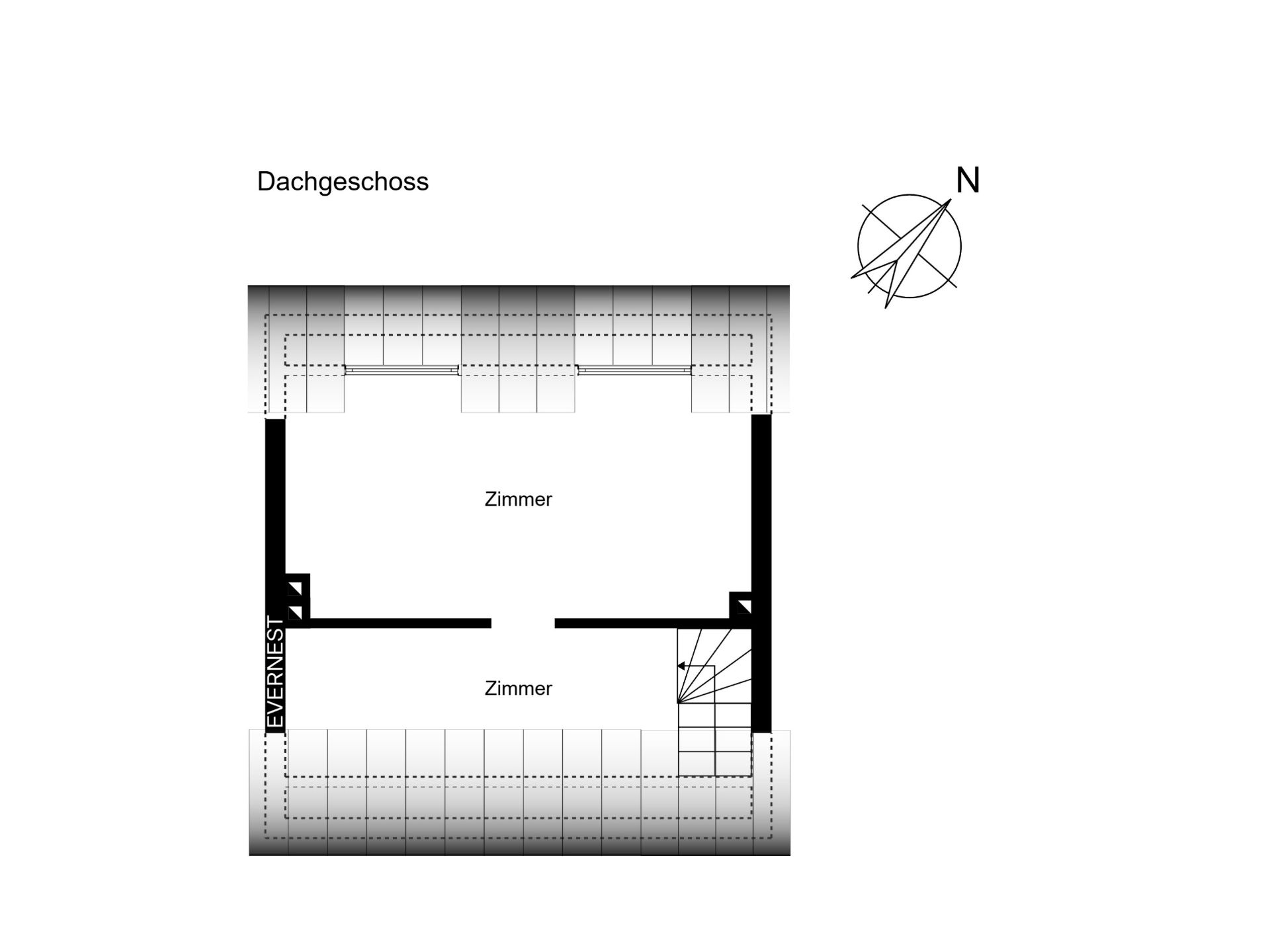Grundriss des Dachgeschosses mit zwei Zimmern und einer Treppe in der rechten unteren Ecke.