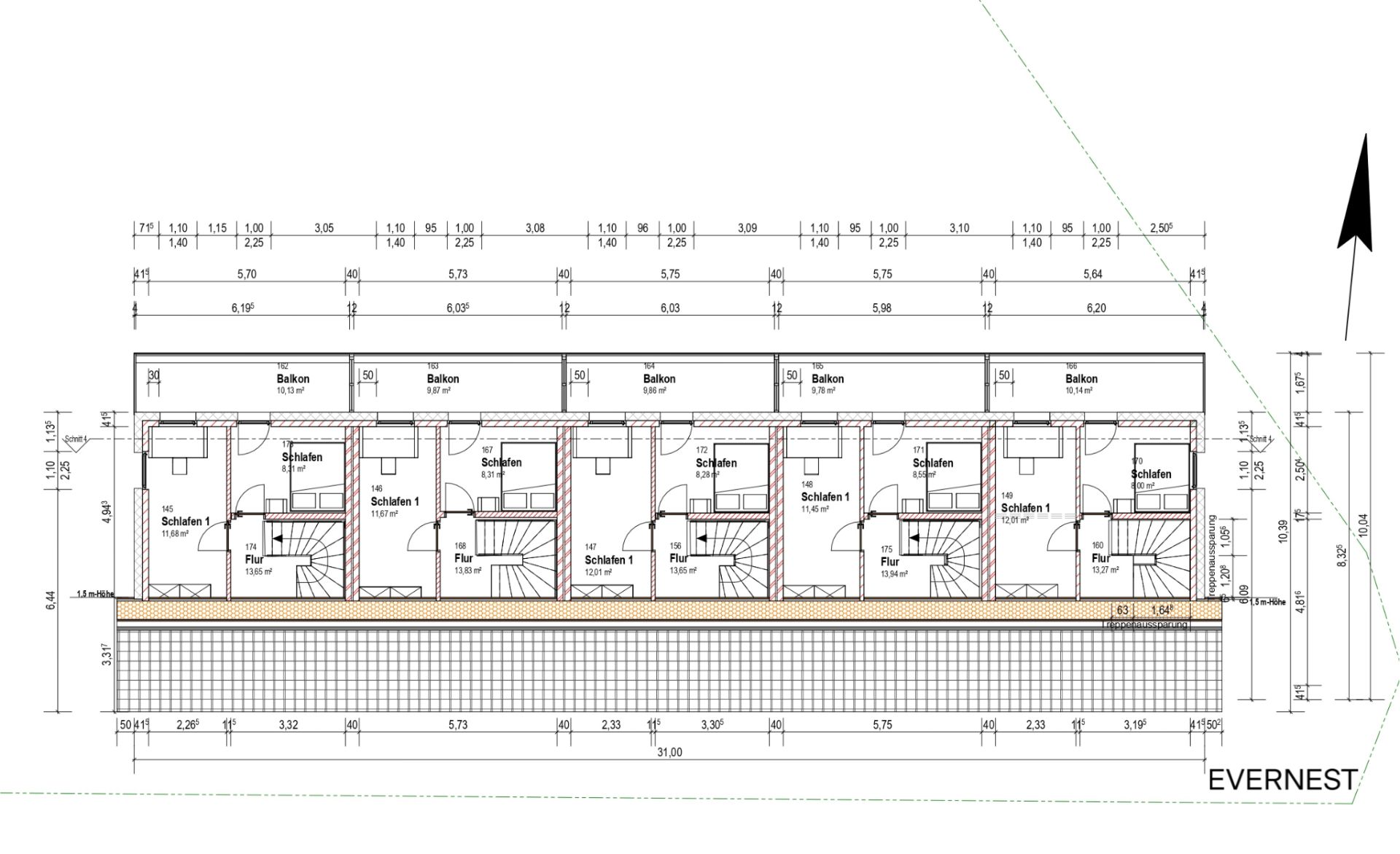 Grundriss einer Wohnetage mit mehreren Schlafzimmern, Fluren und Balkonen.