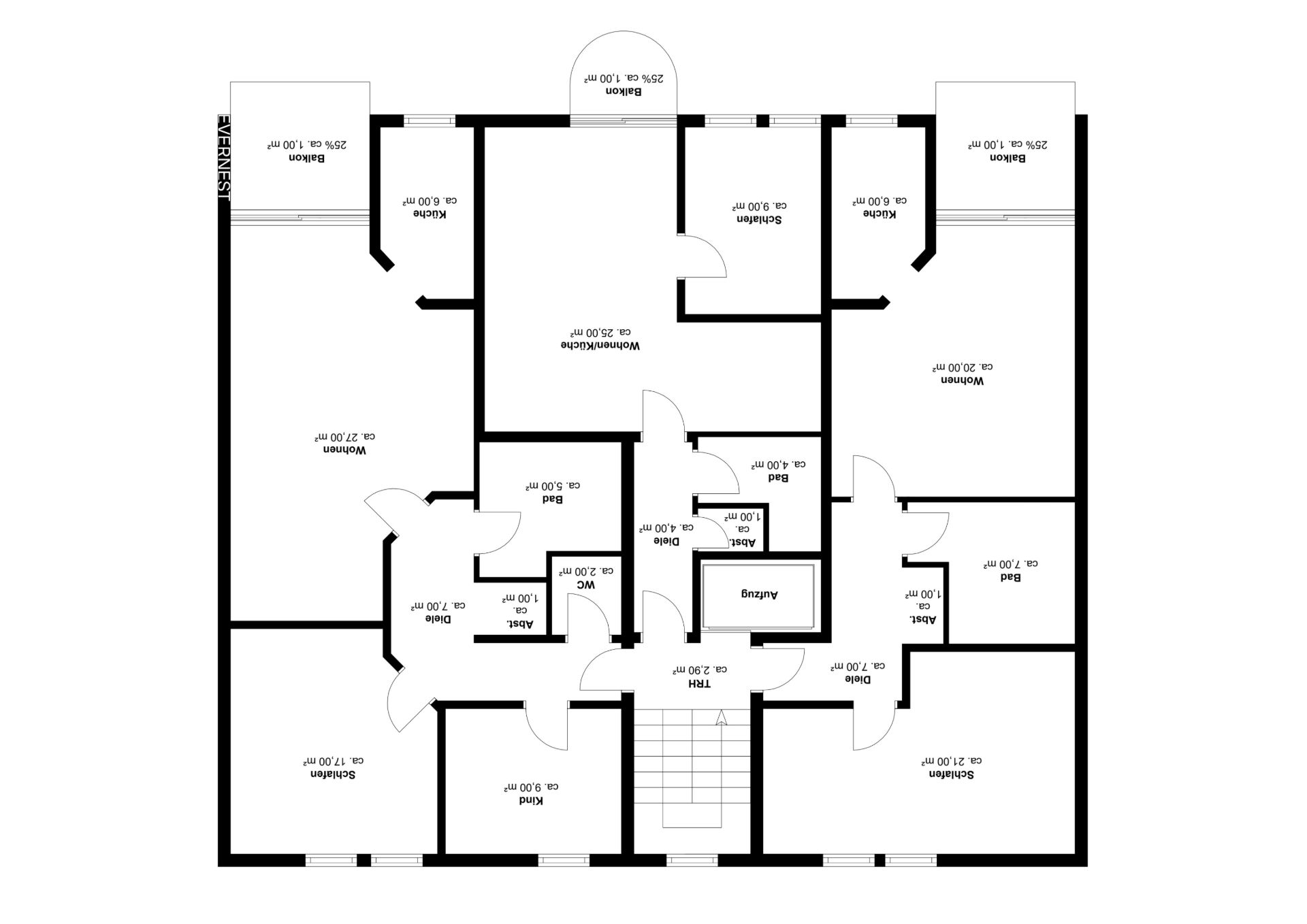 Grundriss einer Wohnung mit mehreren Zimmern, Küchen, Bädern und Balkonen.