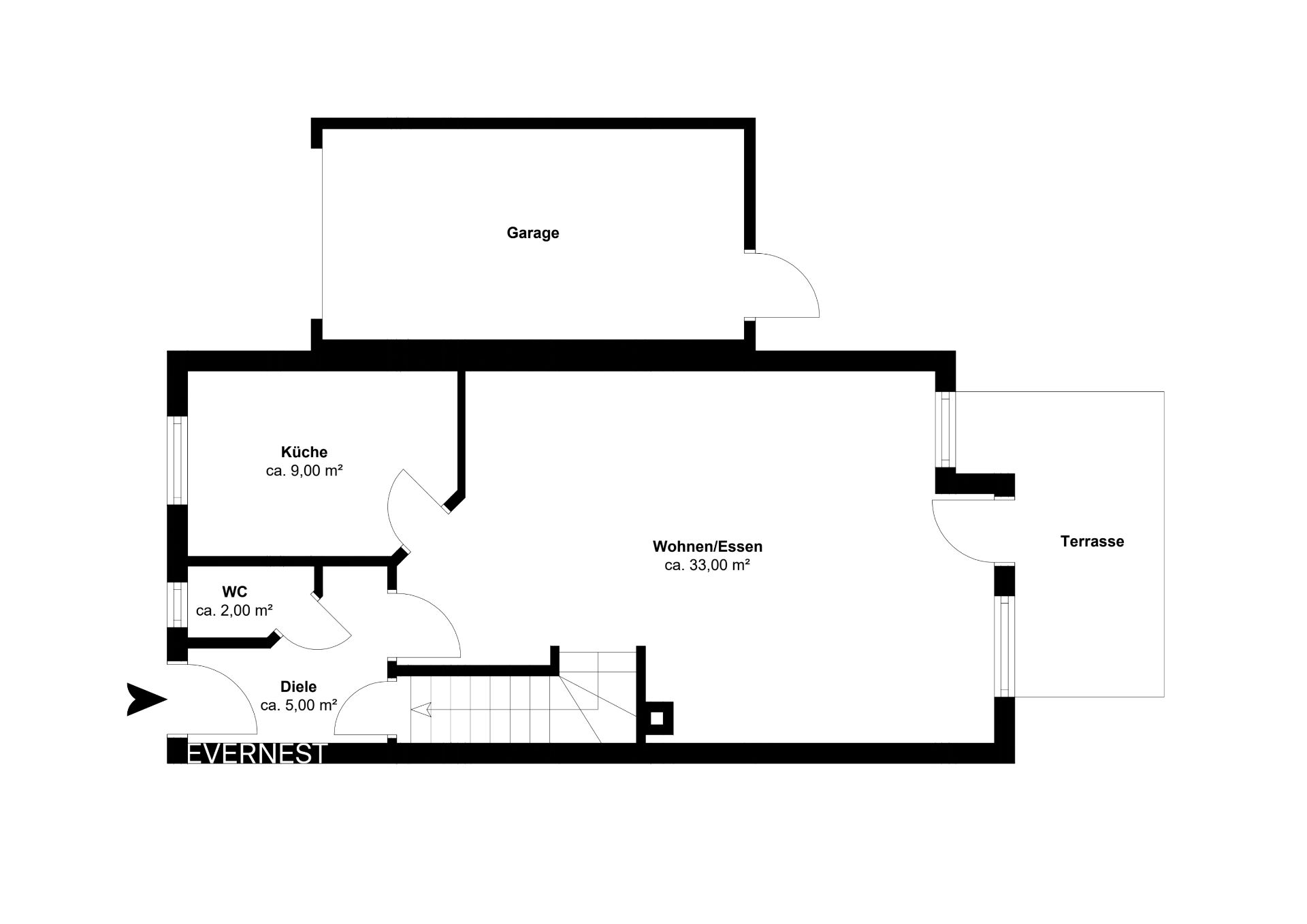 Grundriss des Erdgeschosses mit Garage, Küche, Wohnzimmer, WC, Diele und Terrasse.
