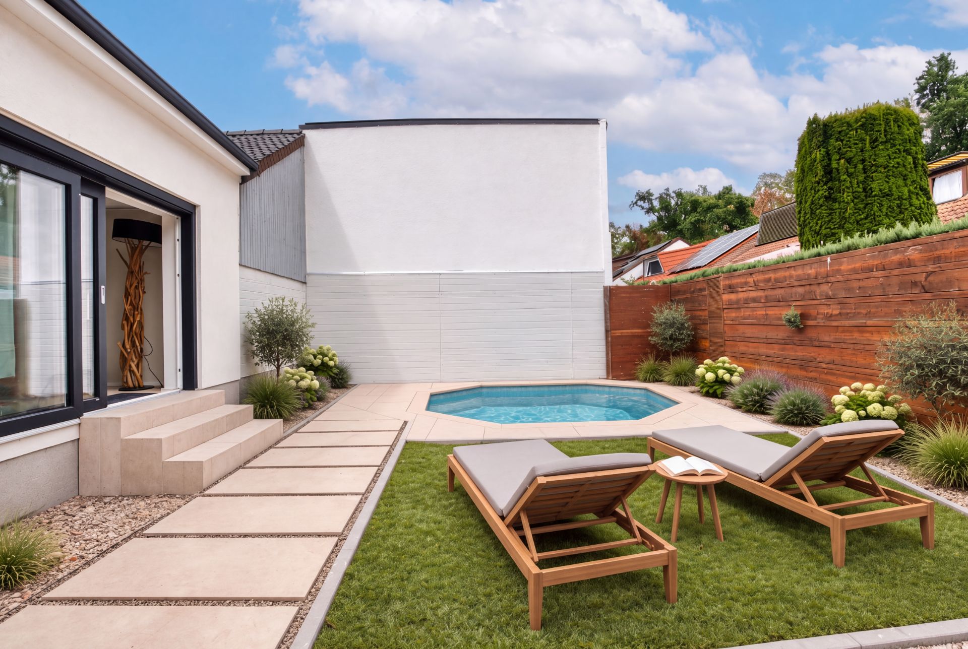 Moderner Garten mit Pool, zwei Liegestühlen und Holzsichtschutz, umgeben von Pflanzen.