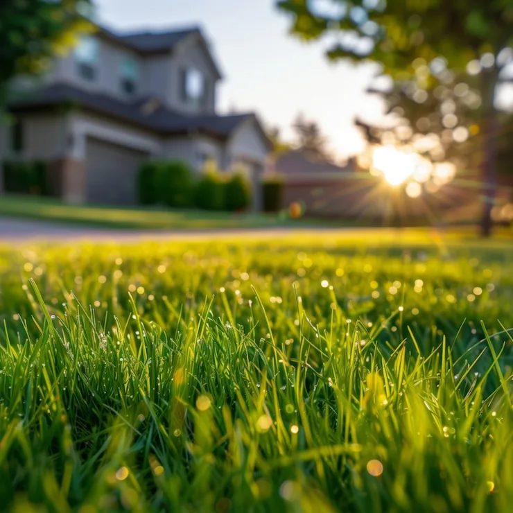 Rasennahaufnahme mit Morgentau, im Hintergrund Wohnhäuser bei Sonnenaufgang.