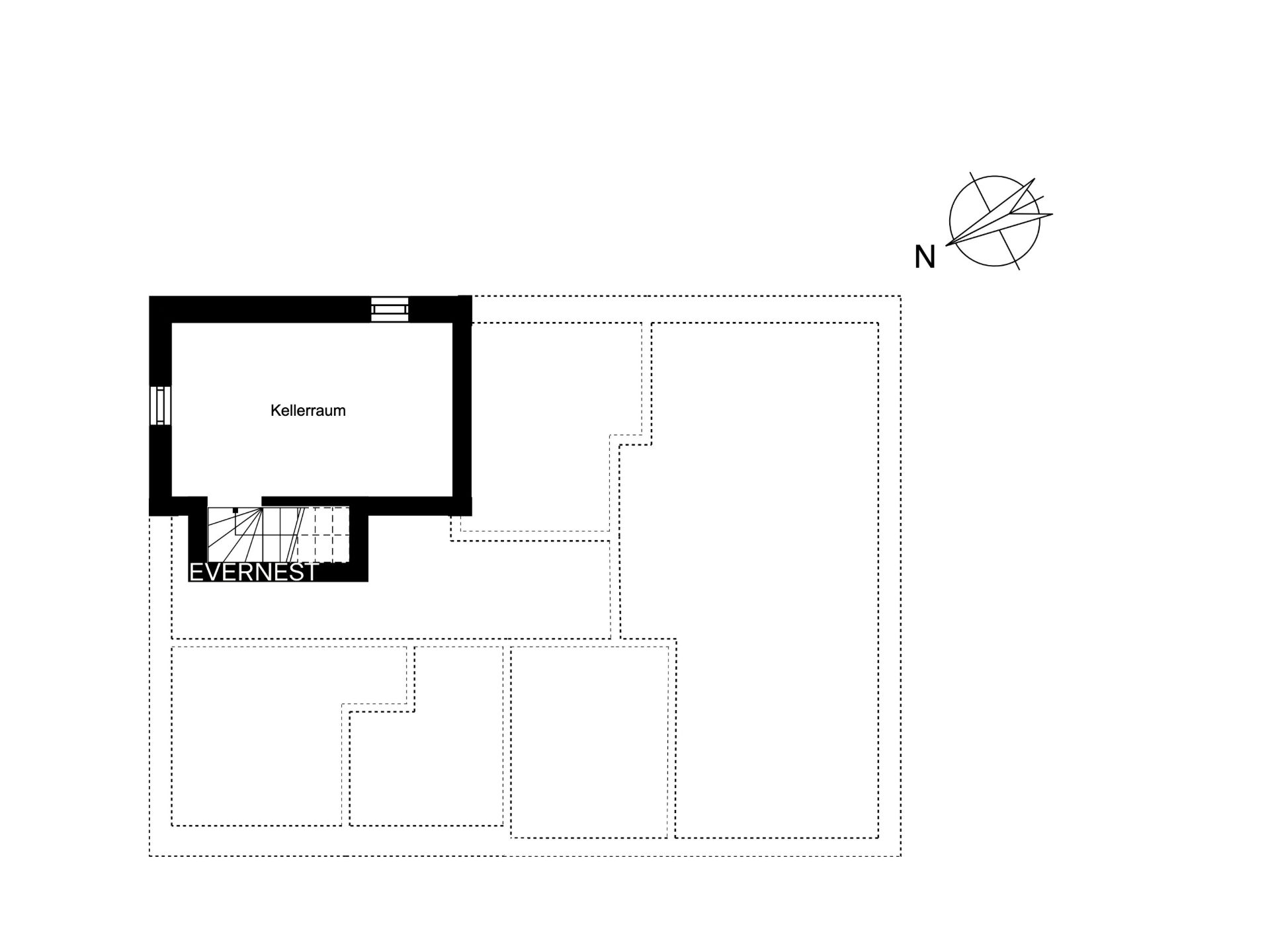 Grundriss mit einem markierten Kellerraum und Treppenhaus oben links.