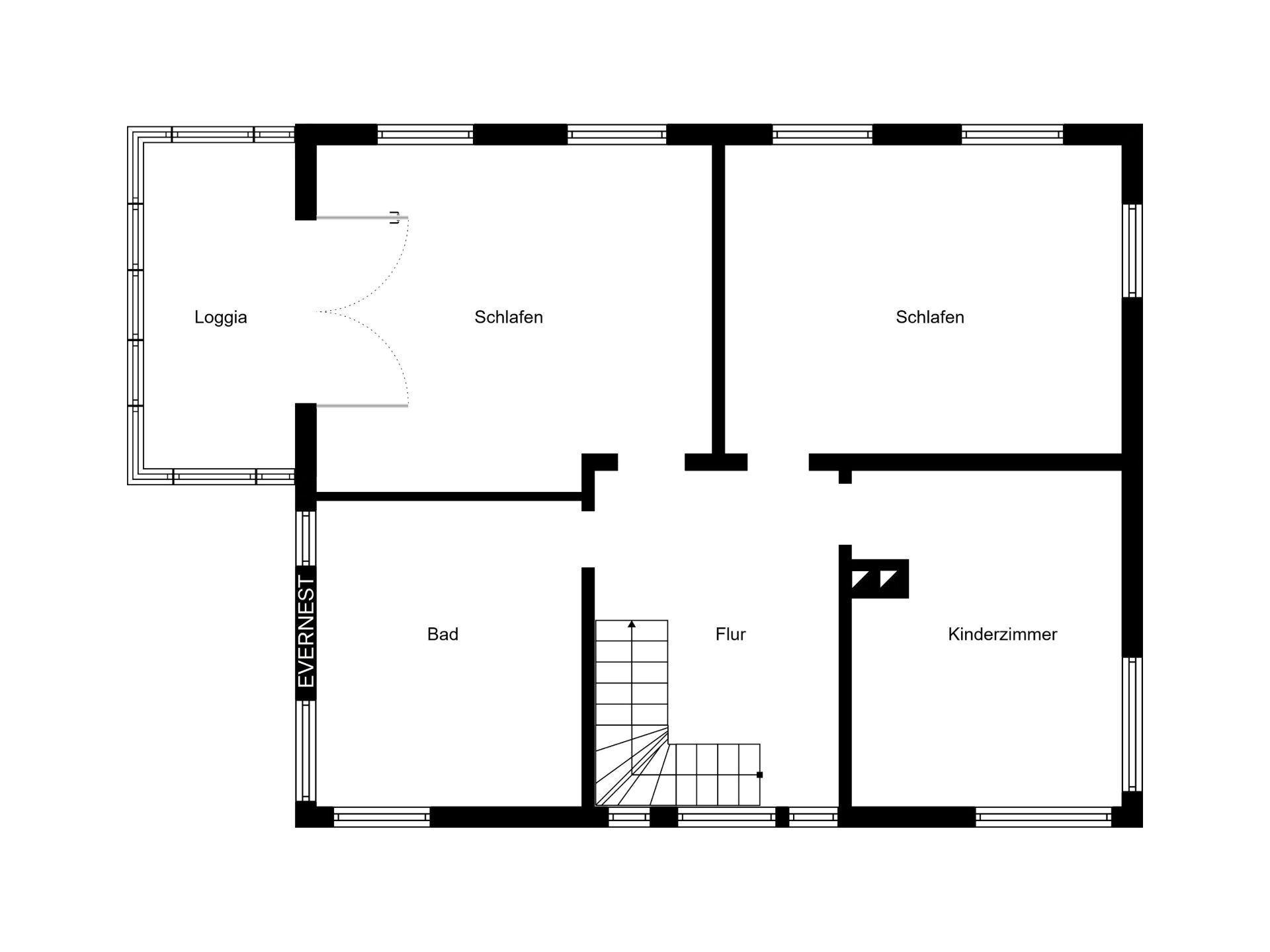 Grundriss mit zwei Schlafzimmern, Kinderzimmer, Bad, Flur und Loggia.