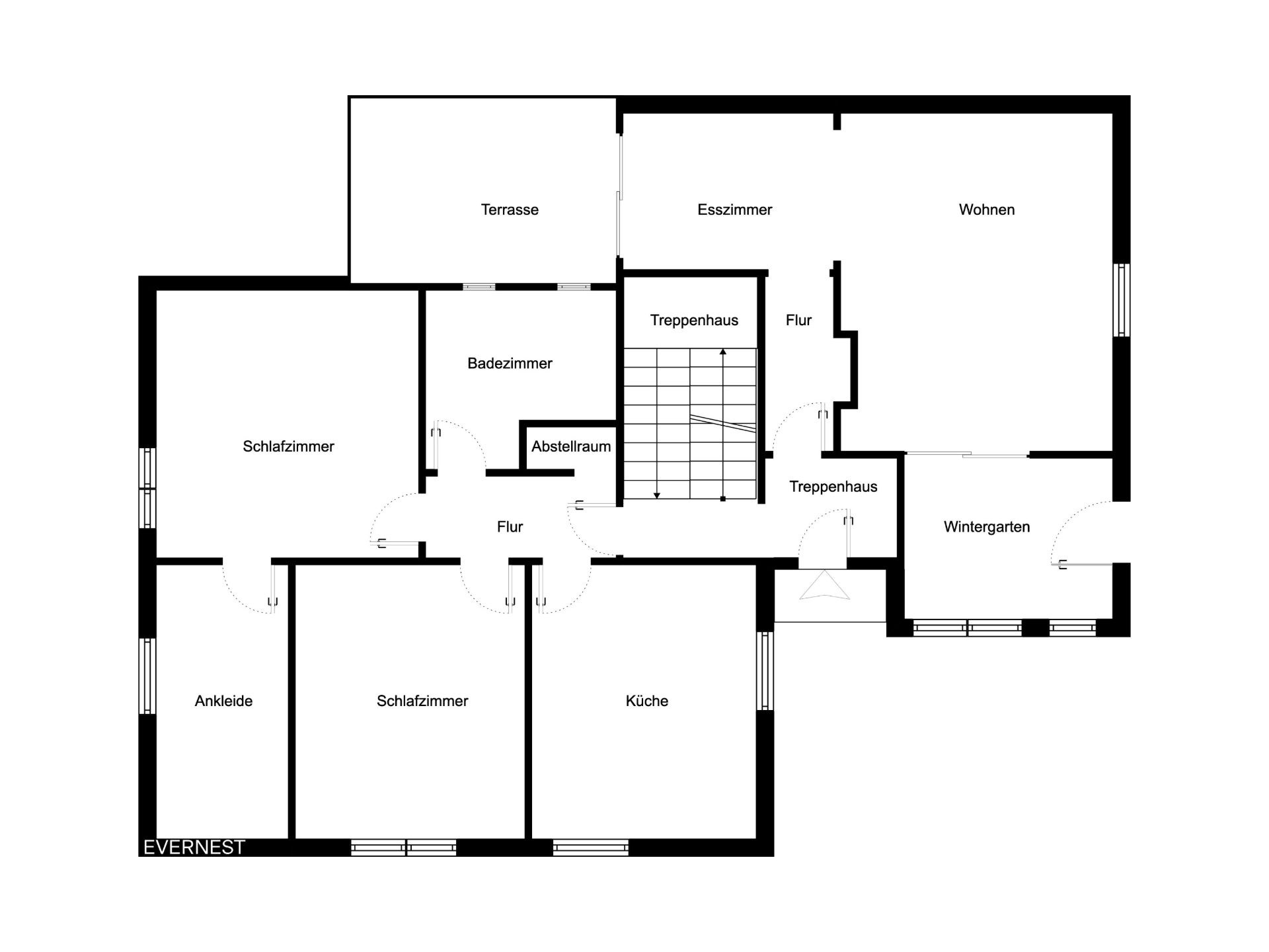 Grundriss einer Wohnung mit Schlafzimmern, Wohnzimmer, Küche, Bad, Esszimmer und Terrasse.