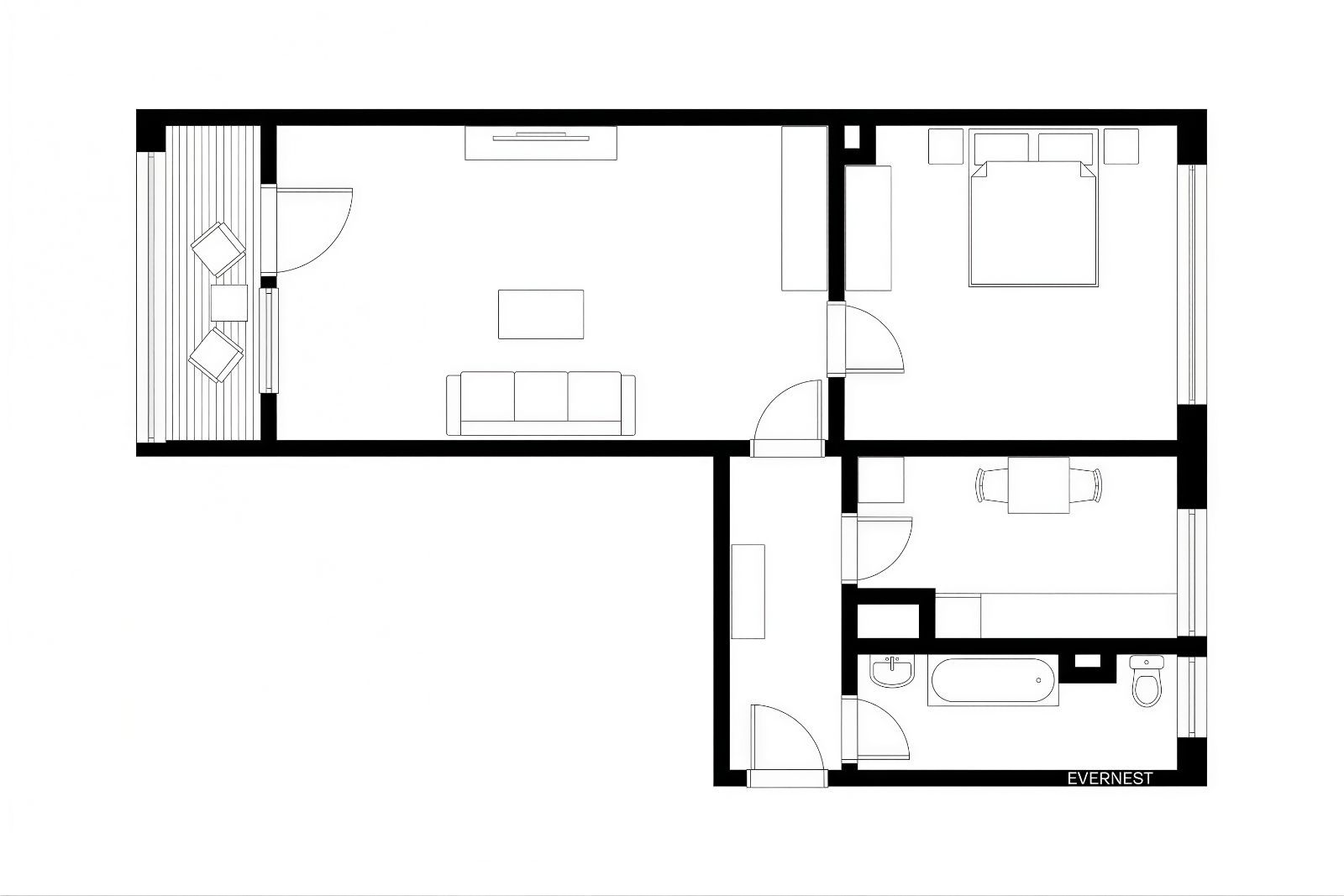 Schwarz-weißer Grundriss einer Wohnung mit Wohnzimmer, Schlafzimmer, Essbereich, Bad und Balkon.