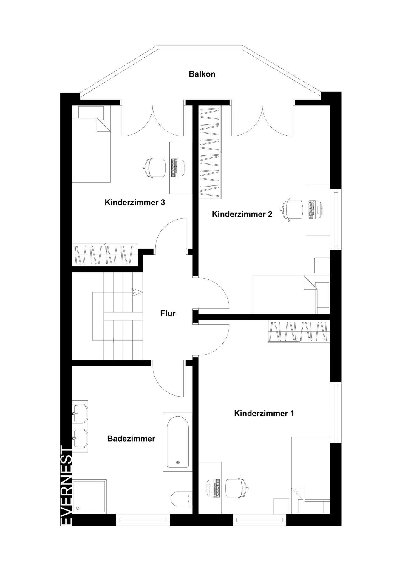Grundriss mit drei Kinderzimmern, Badezimmer, Flur und Balkon.