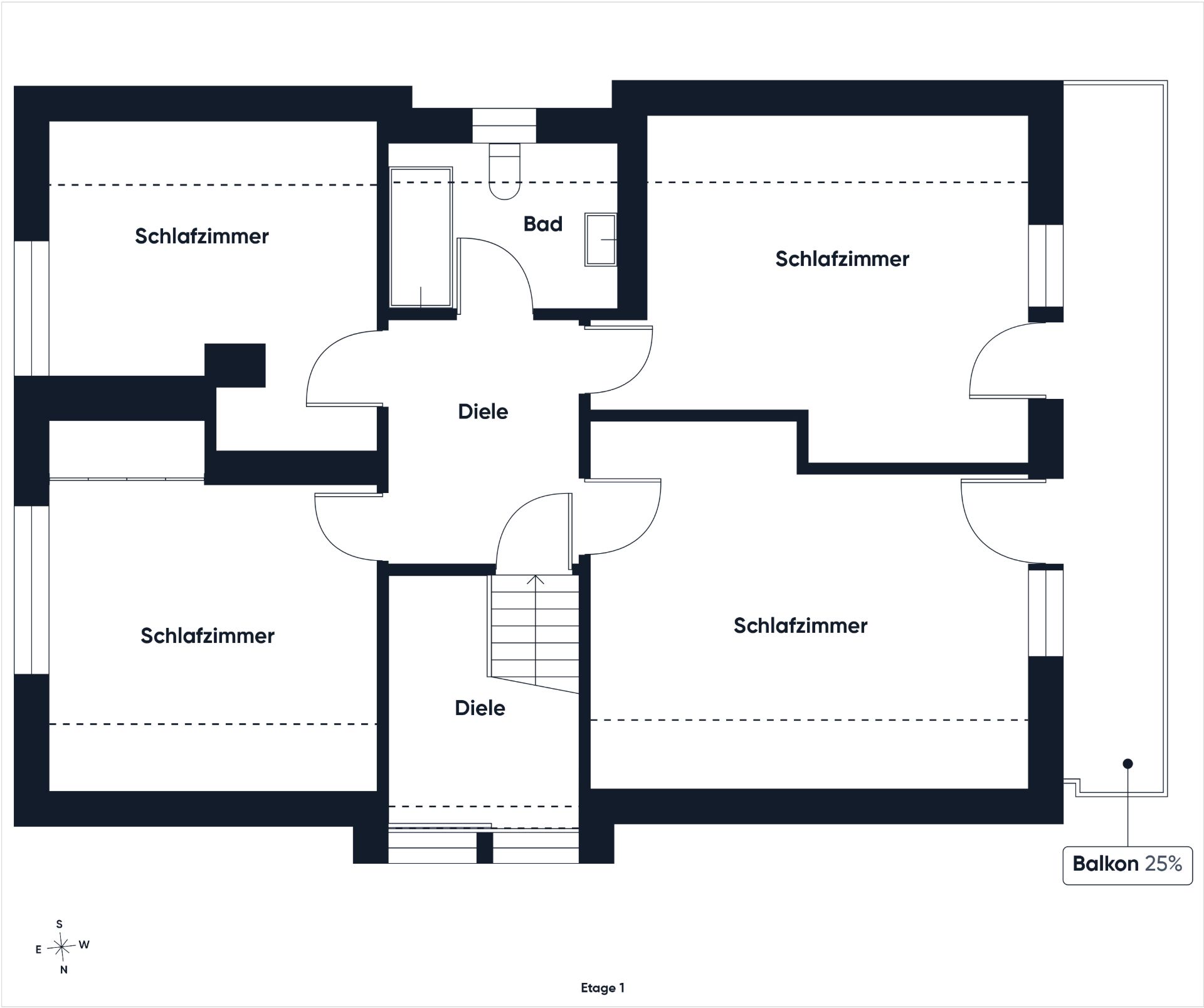 Grundriss mit vier Schlafzimmern, einem Bad, Flur und einem Balkon.