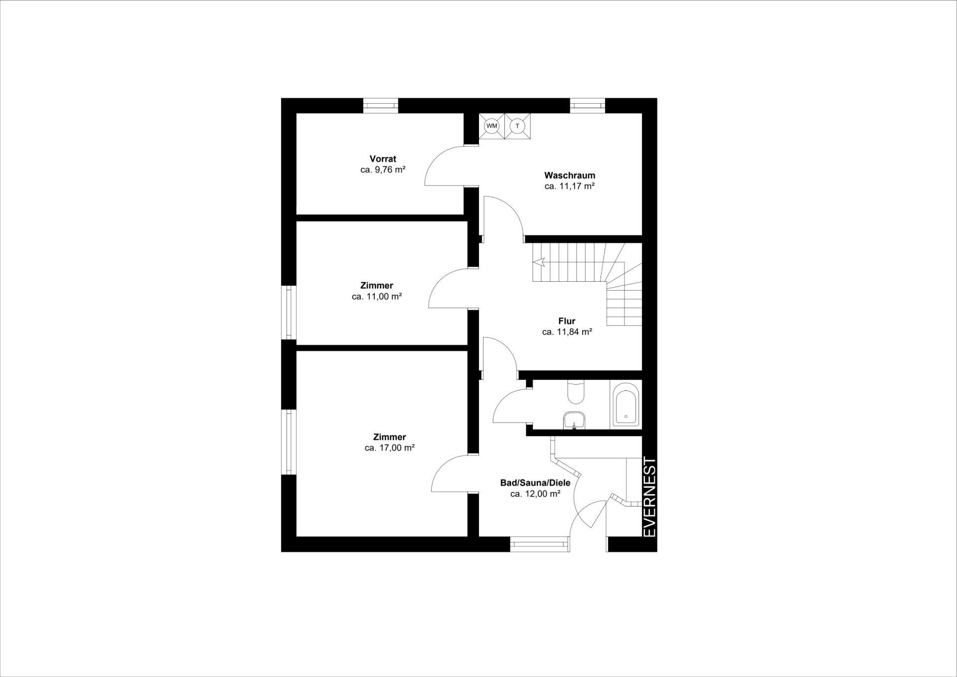 Grundriss mit Vorratsraum, Waschraum, zwei Zimmern, Bad/Sauna/Diele und Flur.