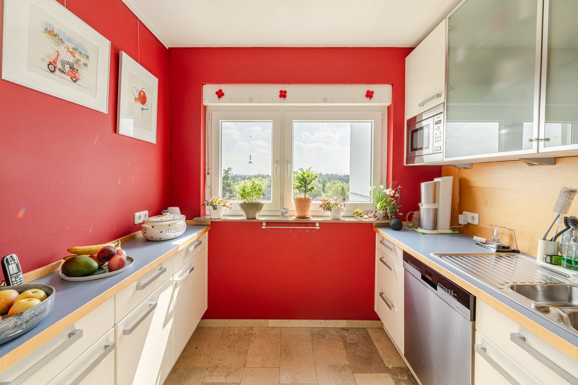 Helle Küche mit roten Wänden, weißen Schränken, Fenster und Pflanzen auf der Fensterbank.