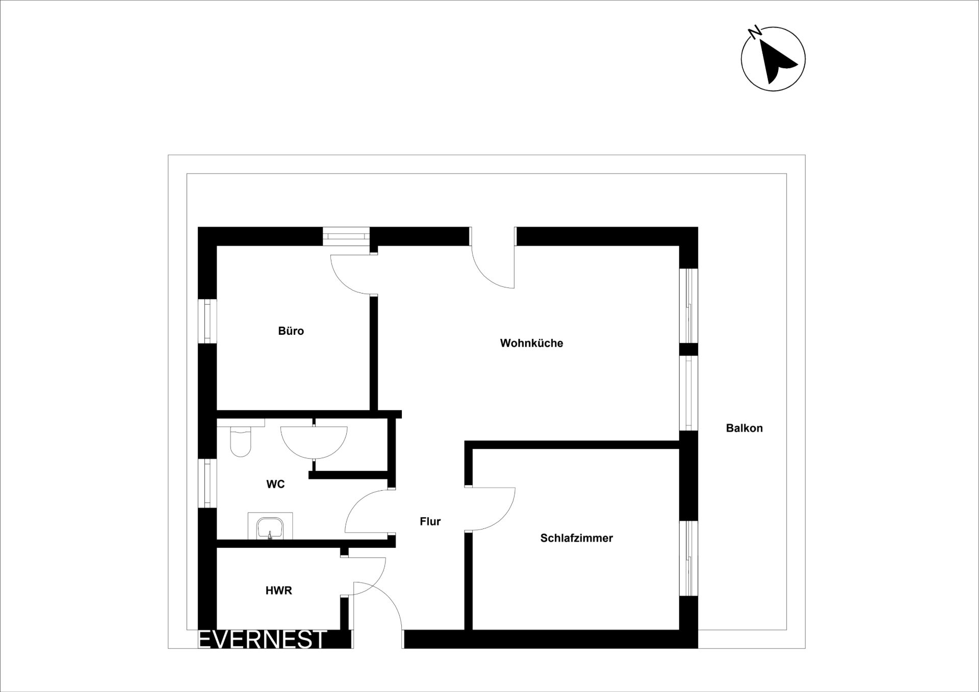 Grundriss einer Wohnung mit Büro, Wohnküche, Schlafzimmer, WC, HWR, Flur und Balkon.