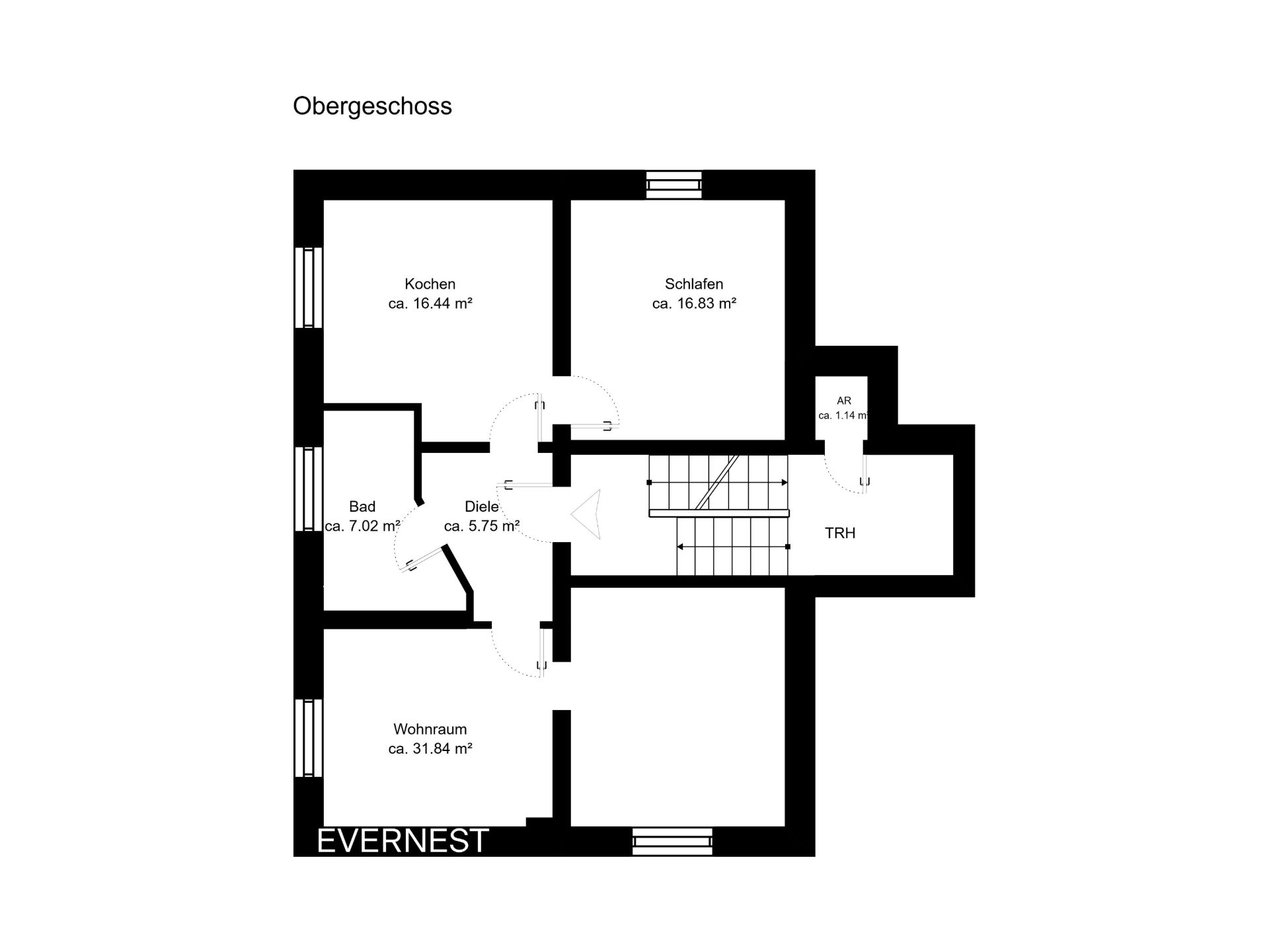 Grundriss eines Obergeschosses mit Küche, Schlafzimmer, Bad, Wohnraum und Flur.