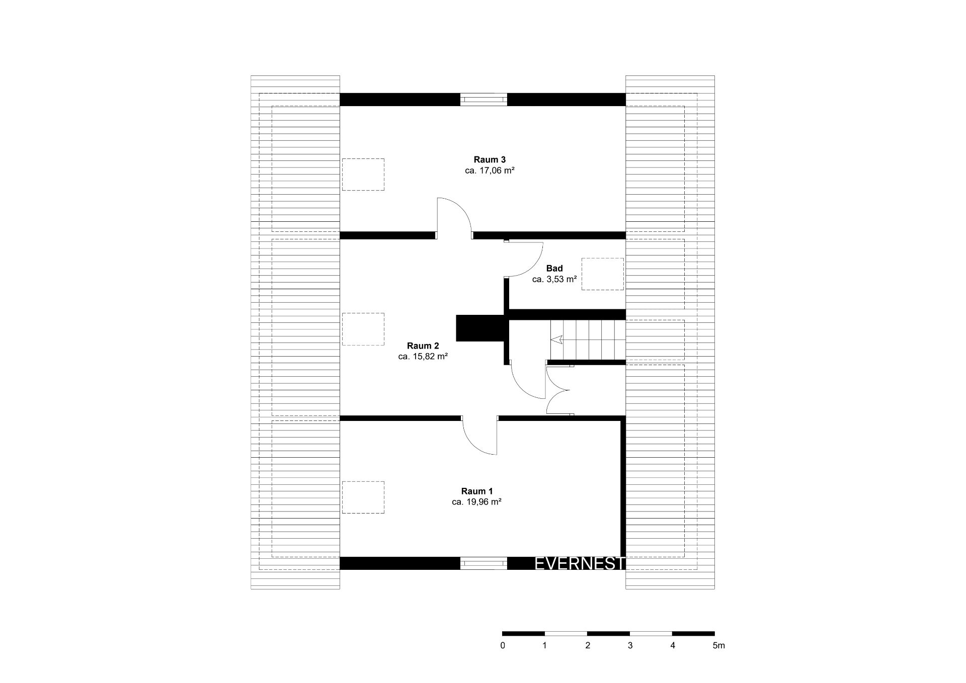 Grundriss mit drei Räumen, einem Bad und Treppe, Raumgrößen sind angegeben.