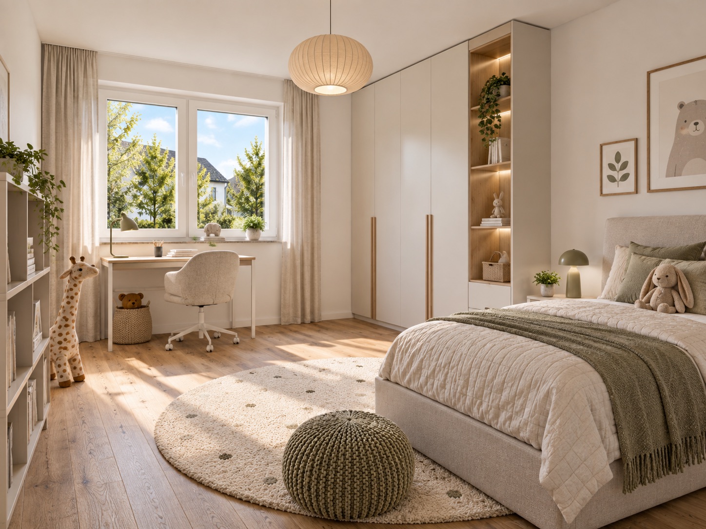 Helles Kinderzimmer mit Bett, Schreibtisch am Fenster und Einbauschrank, dekoriert mit Pflanzen und Plüschtieren.