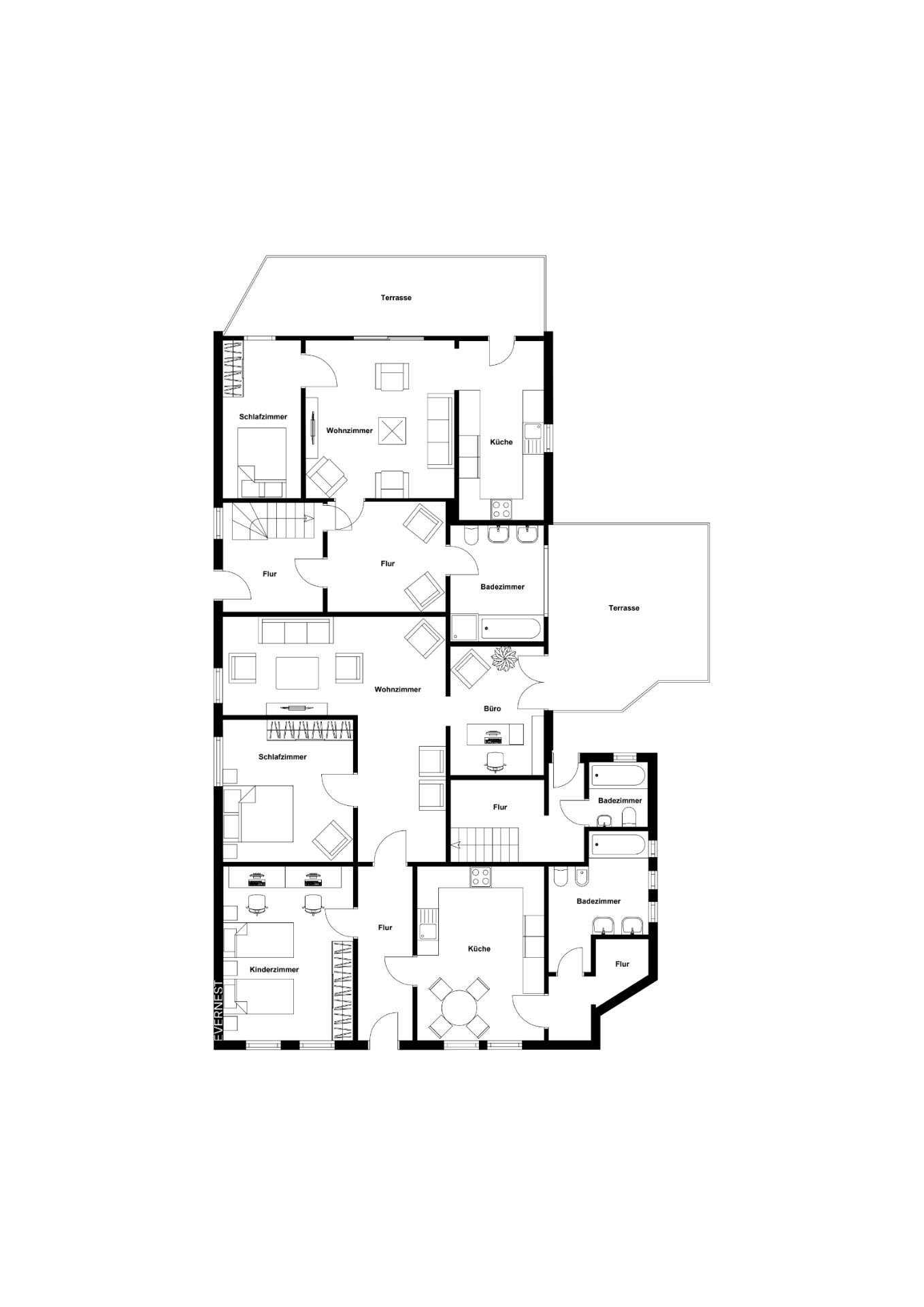 Grundriss einer Wohnung mit mehreren Zimmern, Bädern, Küchen und zwei Terrassen.