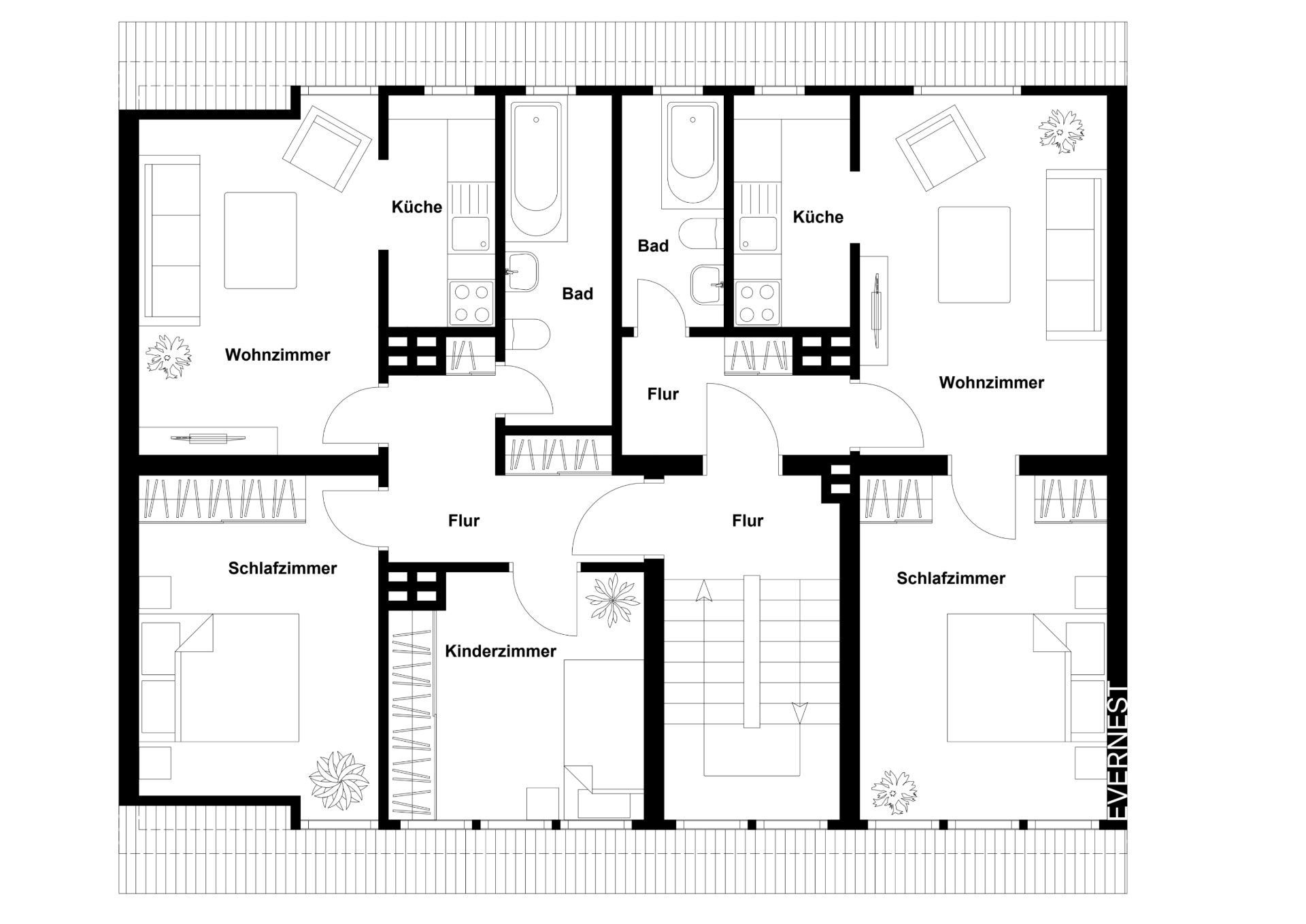 Grundriss einer Wohnung mit Wohnzimmer, Schlafzimmer, Kinderzimmer, Küche, Bad und Flur.