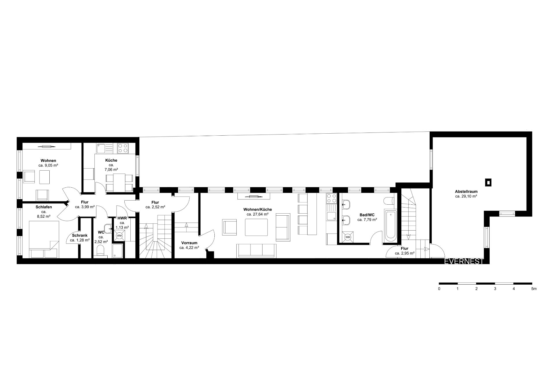Grundriss einer Wohnung mit Wohnküche, Schlafzimmer, Bad, Abstellraum und weiteren Zimmern.