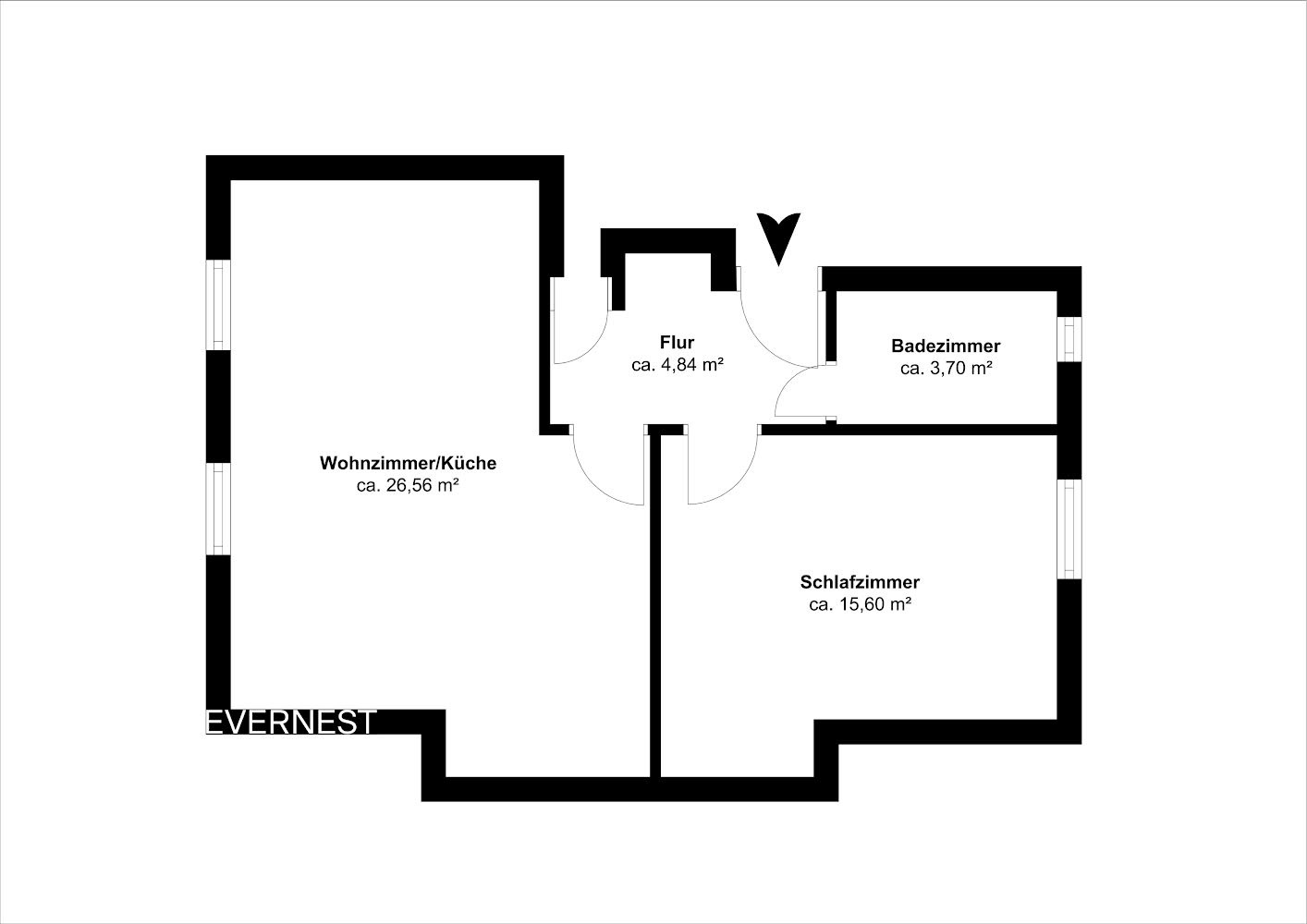 Grundriss mit Wohnzimmer/Küche, Flur, Bad und Schlafzimmer, jeweils mit Quadratmetern.