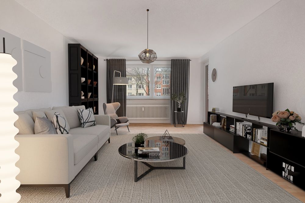 Modernes Wohnzimmer mit Sofa, Couchtisch, Regal, Fernseher und Fenster mit Vorhängen.