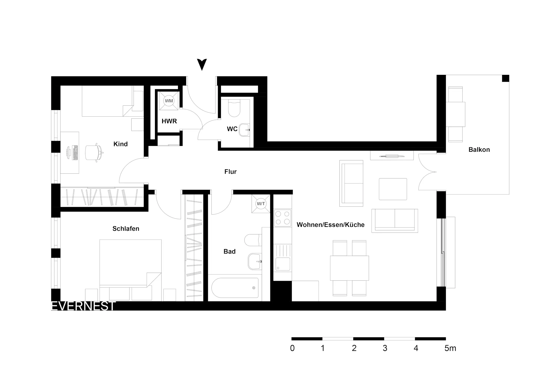 Grundriss einer Wohnung mit Schlafzimmer, Kinderzimmer, Bad, WC, Wohnbereich, Küche und Balkon.