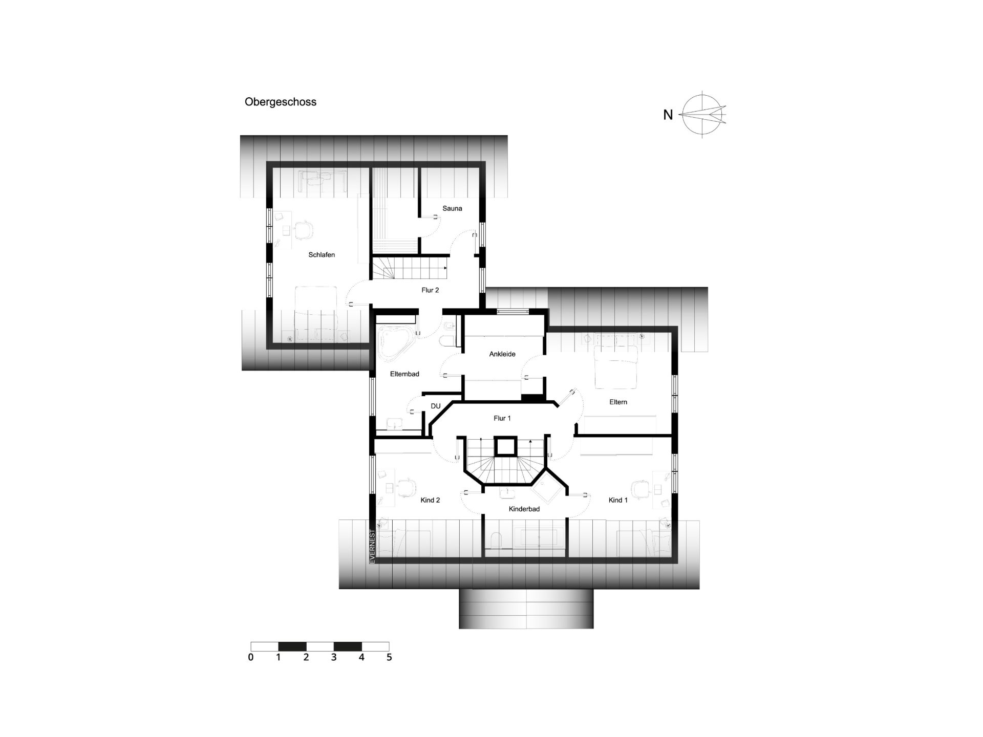 Grundriss des Obergeschosses mit Schlafzimmern, Bädern, Sauna und Fluren.