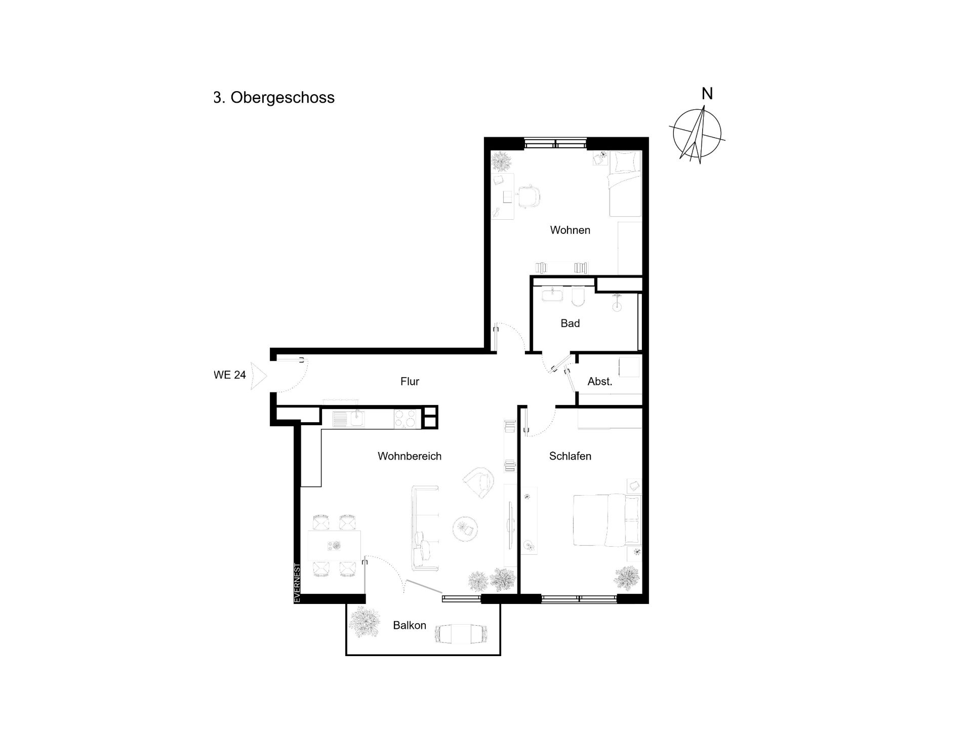 Grundriss einer Wohnung mit Wohnbereich, Schlafzimmer, Bad, Abstellraum und Balkon.