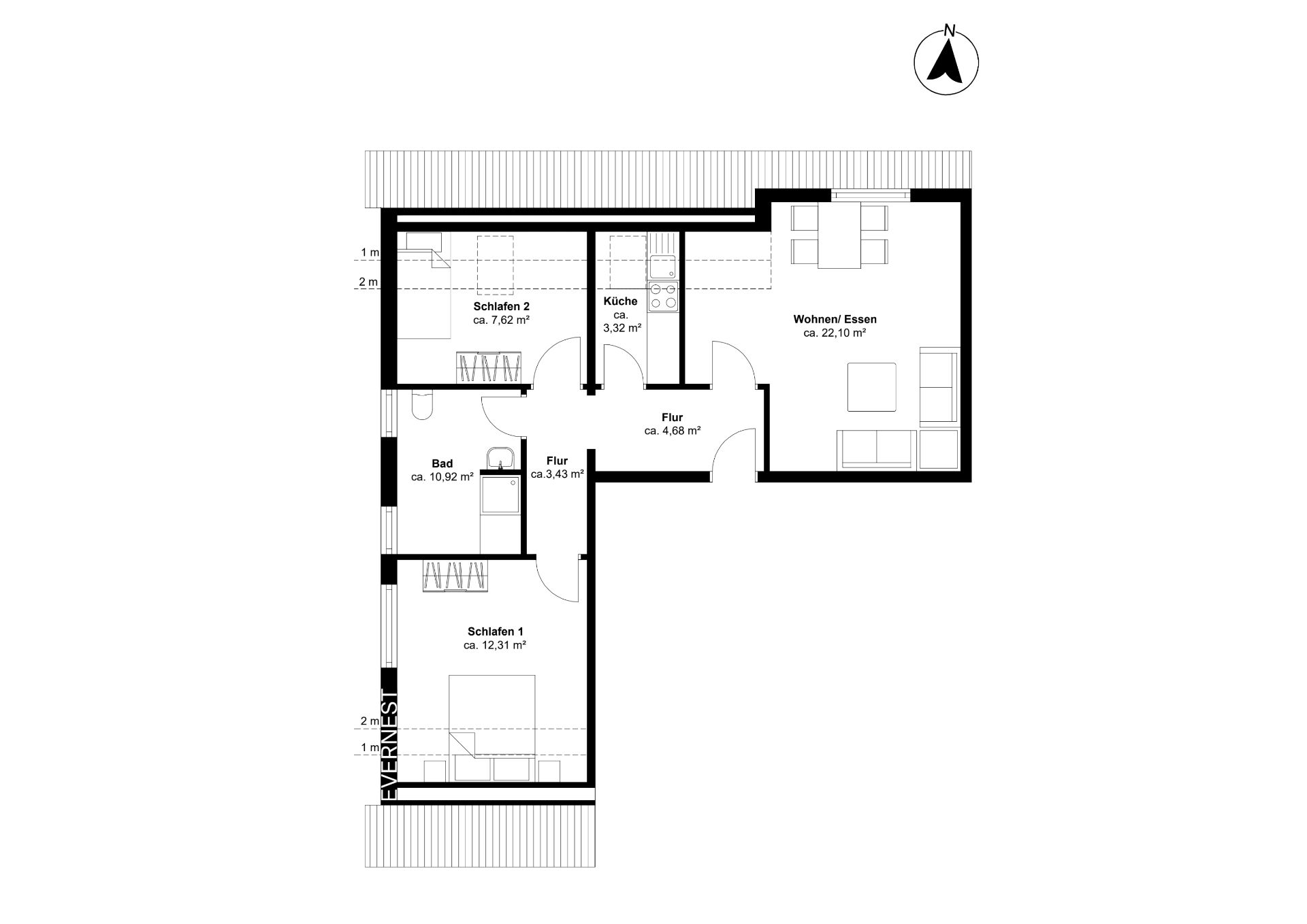 Grundriss einer Wohnung mit zwei Schlafzimmern, Bad, Küche, Flur und Wohn-/Esszimmer.