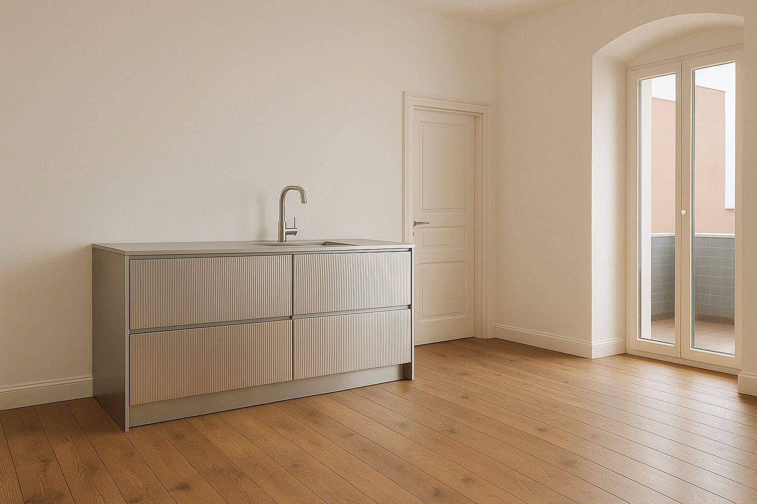 Helle Küche mit Kücheninsel, Holzboden, weißer Tür und großen Fenstern.